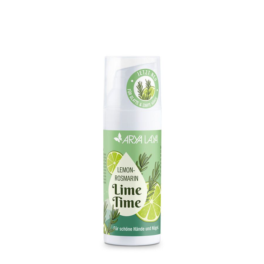 Weiß-grüne Flasche mit Aufschrift "Arya Laya Lemon-Rosmarin Lime Time". Abbildung von Zitrone und Rosmarin.