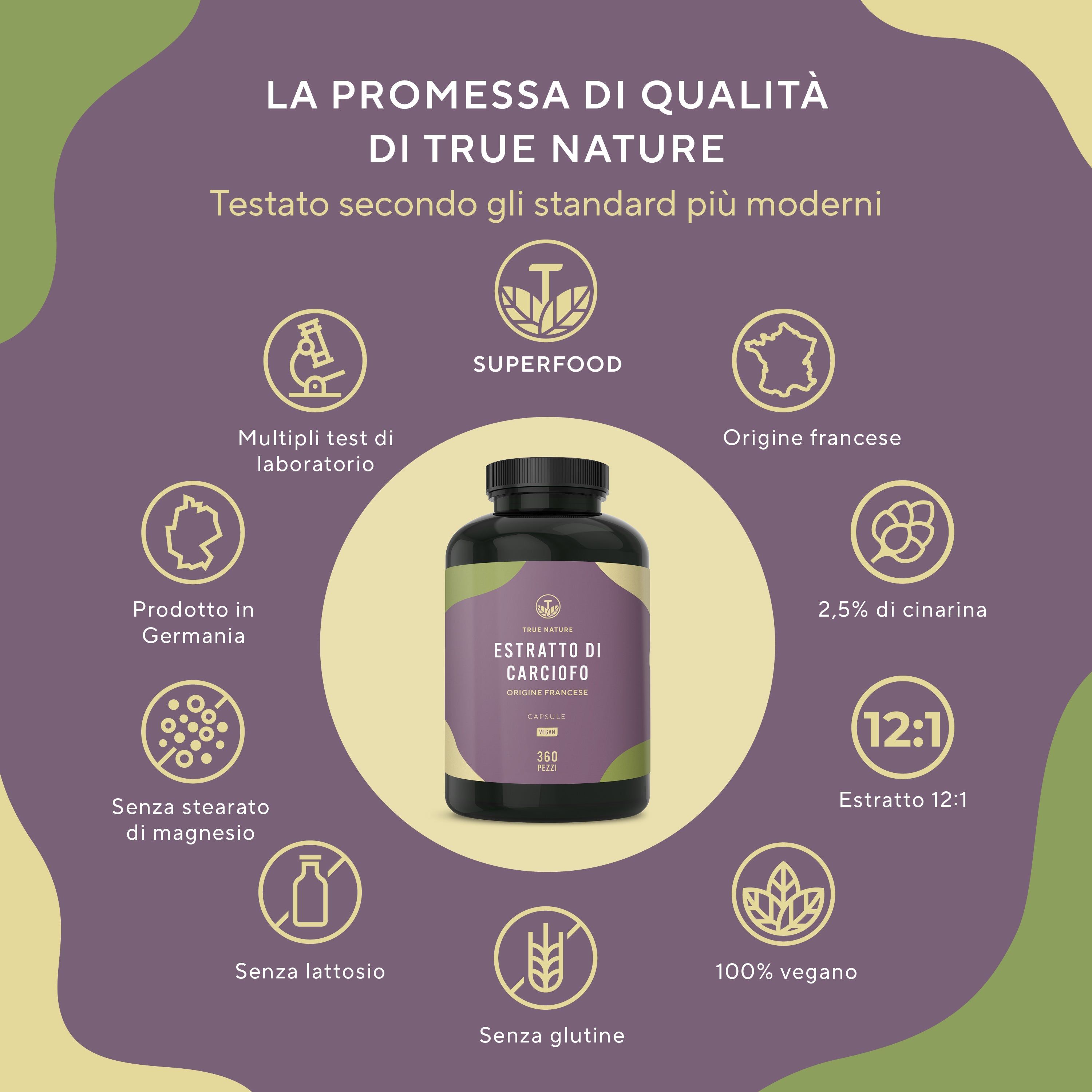 Flacone con loghi: Superfood, Origine francese, 2,5% cinarina, estratto 12:1, 100% vegano, senza glutine, senza lattosio. Made in Germany.