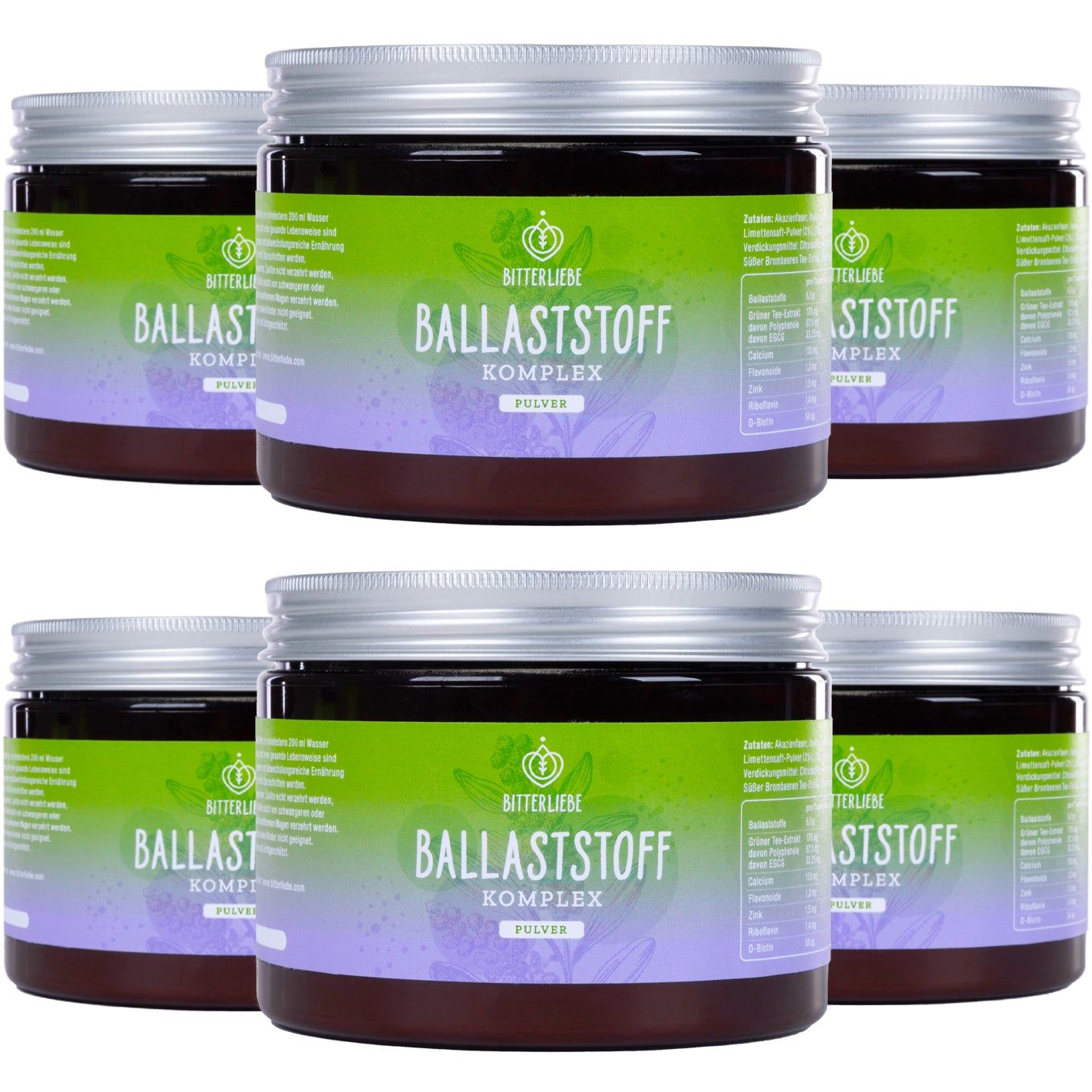 Sechs Dosen BitterLiebe Ballaststoff Komplex. Grüne Etiketten mit weißer Schrift. Silberne Deckel. Auf weißem Hintergrund.