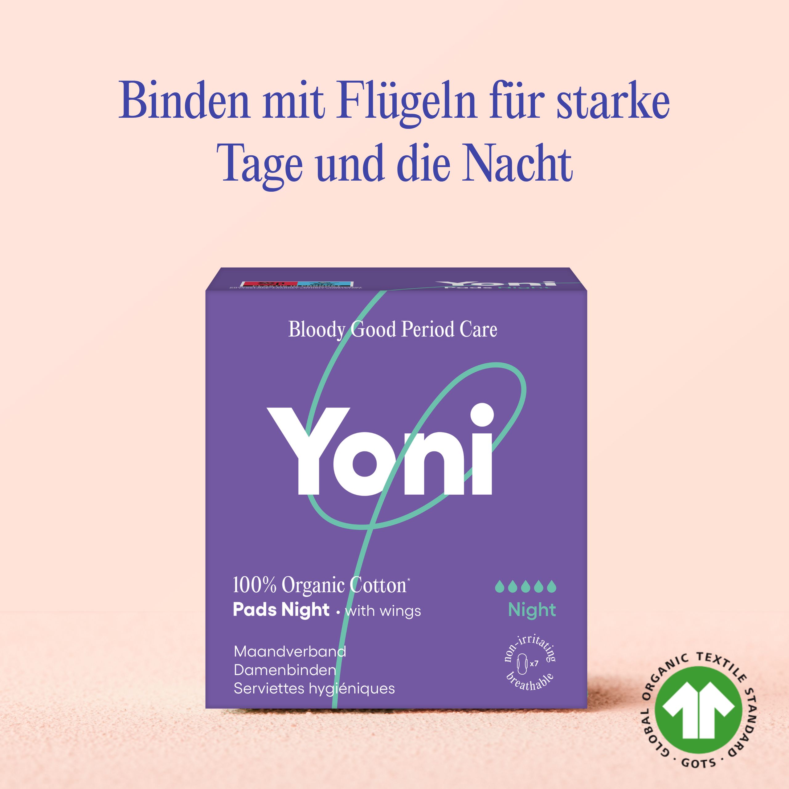 Yoni Damenbinden Nacht mit Flügeln, 100% Bio-Baumwolle, mit GOTS-Siegel.