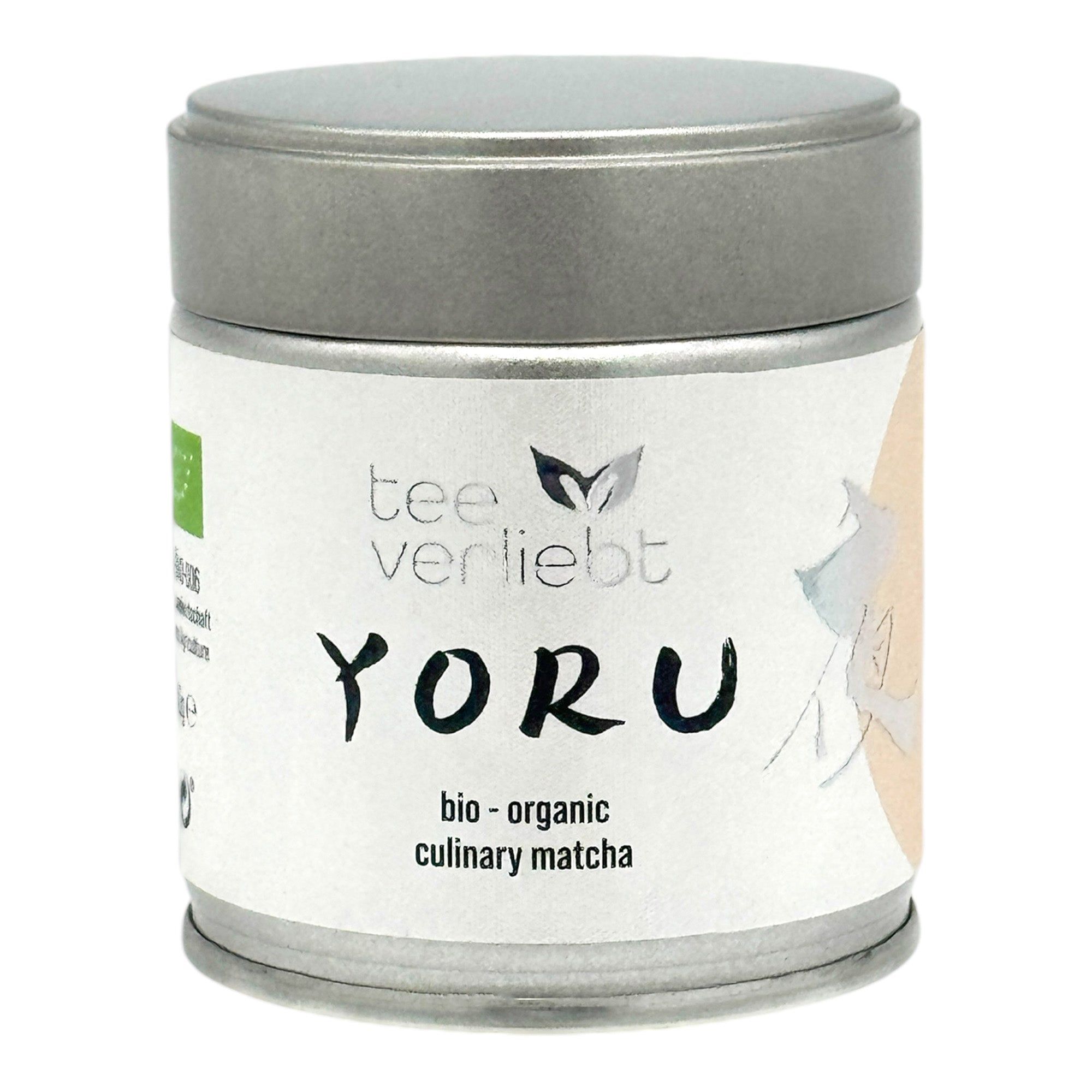 Zylindrische Dose mit Deckel. Aufschrift: teeverliebt, YORU, bio-organic culinary matcha. Bio-Siegel.
