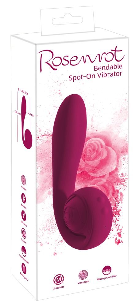 Verpackung mit Produktabbildung. Text: Rosenrot Bendable Spot-On Vibrator. Rosa Vibrator.