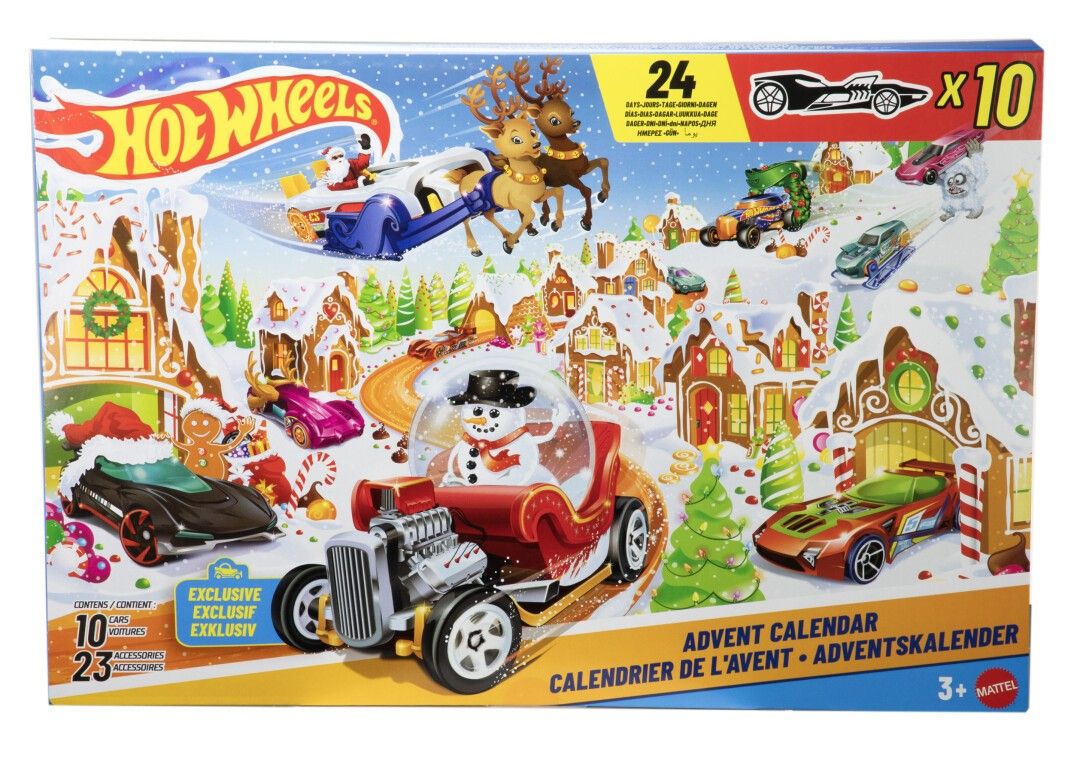 Calendario dell'Avvento Mattel Hot Wheels 2025 con 10 veicoli giocattolo in scala 1:64 e 24 accessor