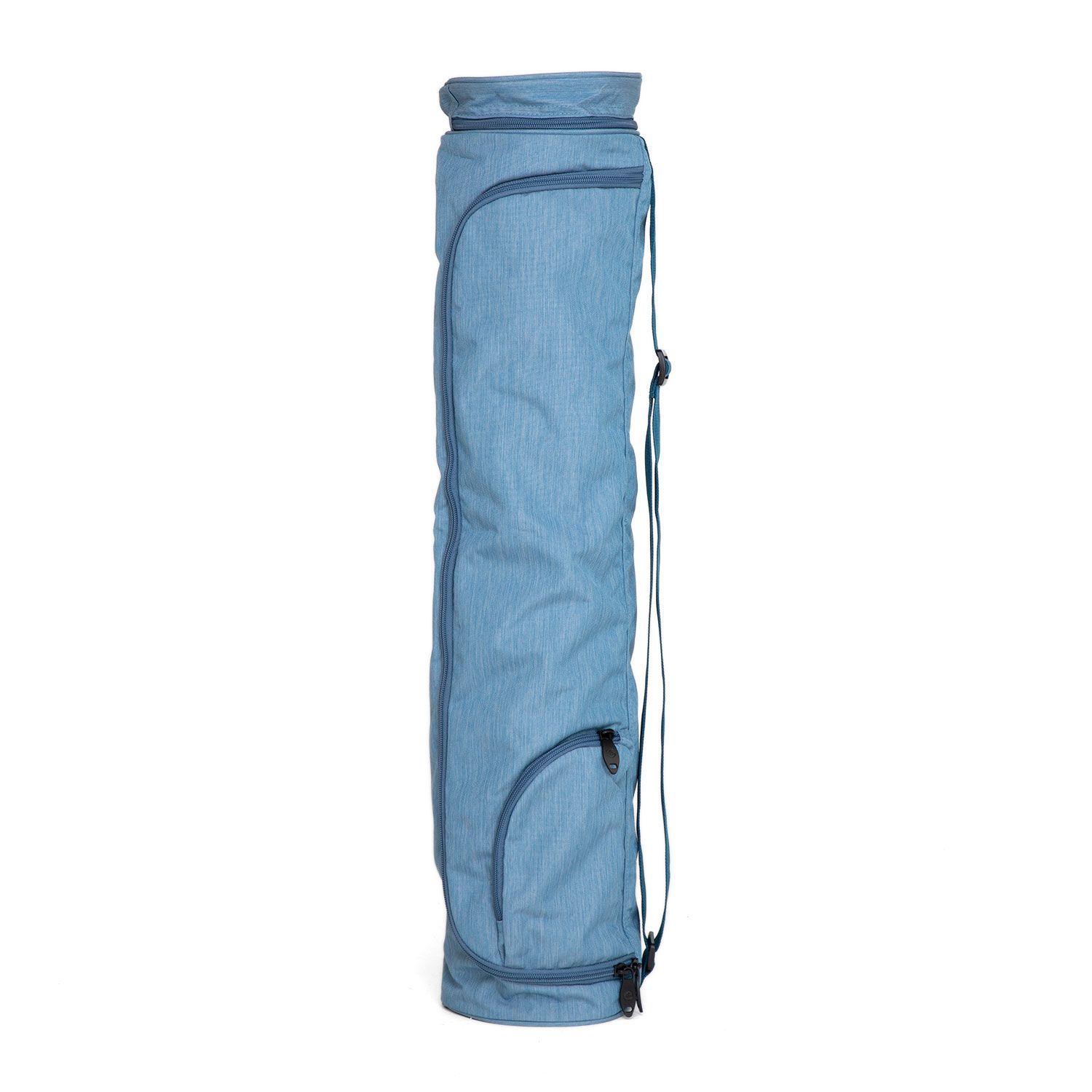 Langgestreckte Tasche, graublau meliert, mit Reißverschluss und Schultergurt. Aus Polyester/Polyamid. Vertikale Ansicht.