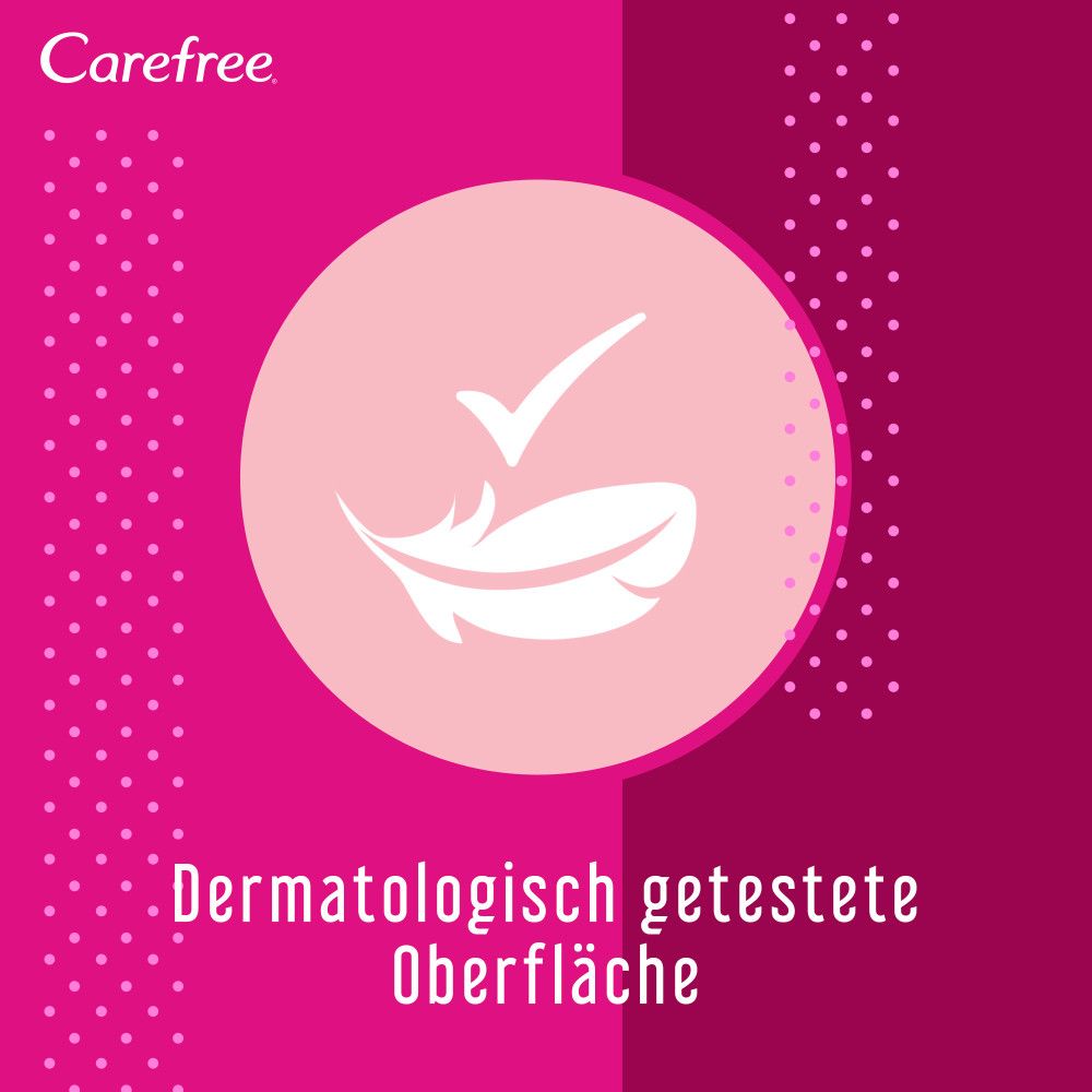 Rosa Hintergrund mit weißem Logo und Text: Dermatologisch getestete Oberfläche. Feder- und Häkchen-Symbol.
