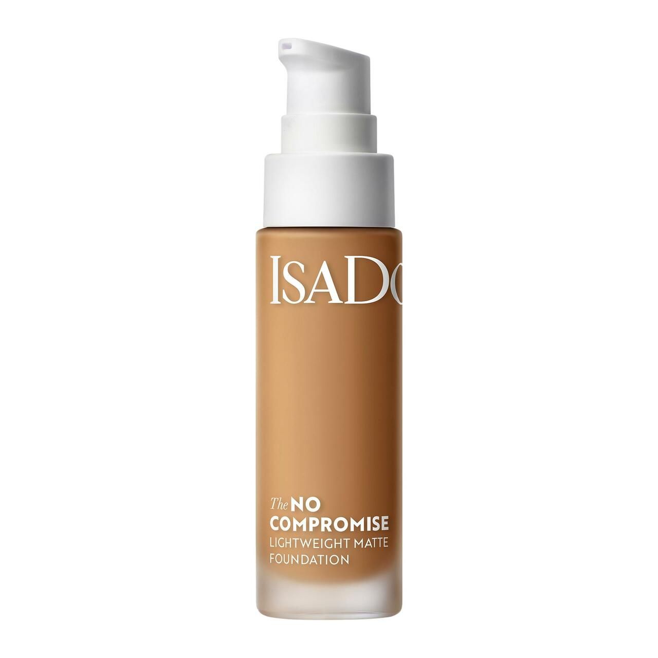 IsaDora No Compromise Matte Foundation. Flasche mit Pumpspender. Produktname und Marke deutlich sichtbar.