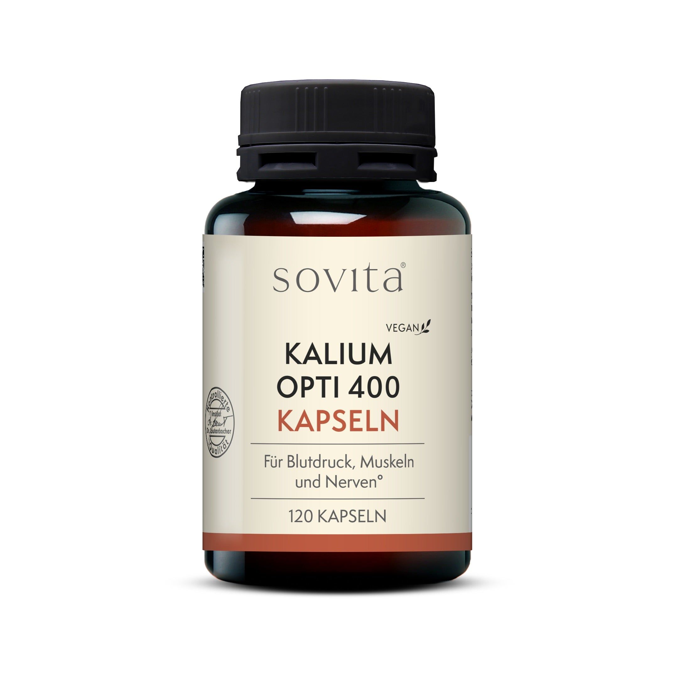 Braune Glasflasche mit sovita Kalium Opti 400 Kapseln. Text: Für Blutdruck, Muskeln und Nerven. 120 Kapseln.
