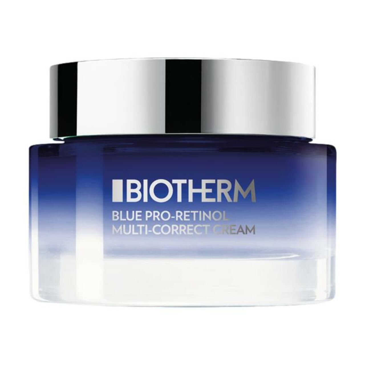 Blaues Creme-Glas mit silbernem Deckel. Aufschrift: Biotherm Blue Pro-Retinol Multi-Correct Cream.