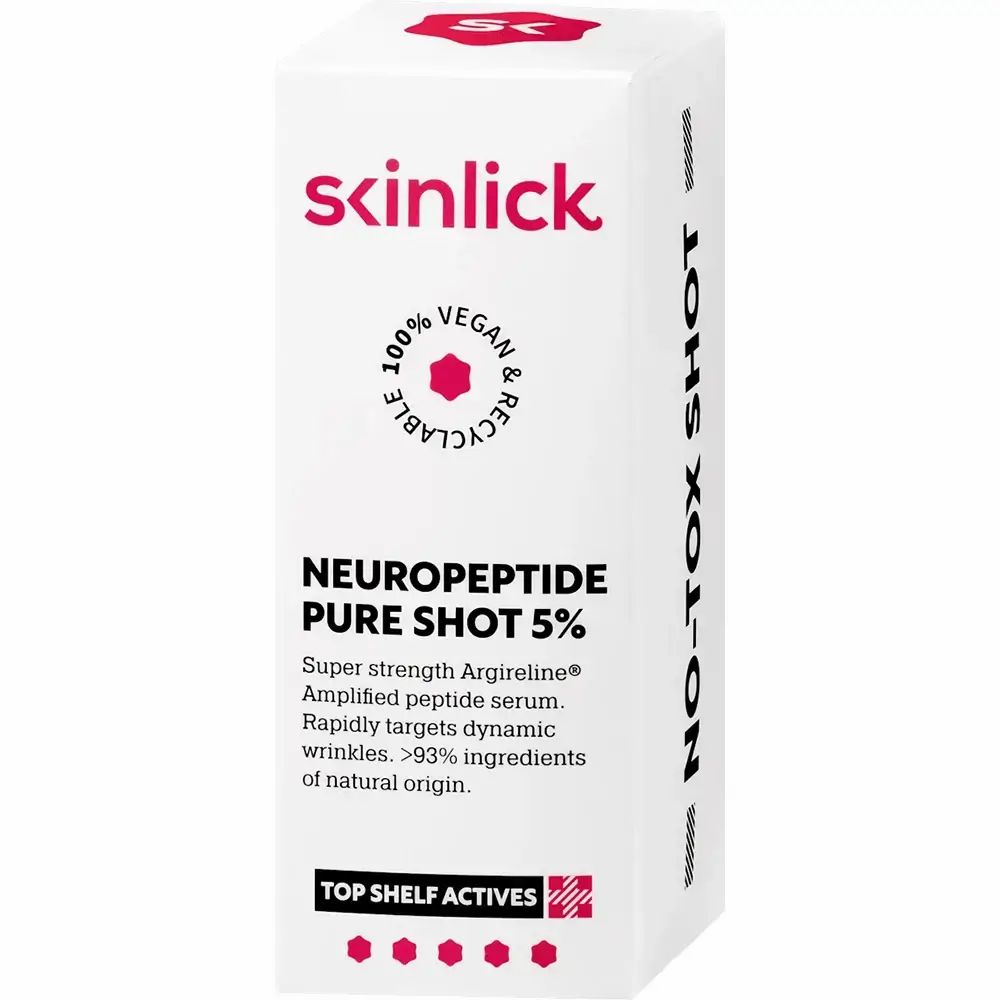 Weiße Verpackung. Skinlick, Neuropeptide Pure Shot 5%. Vegan und recycelbar. Text: No-Tox Shot.