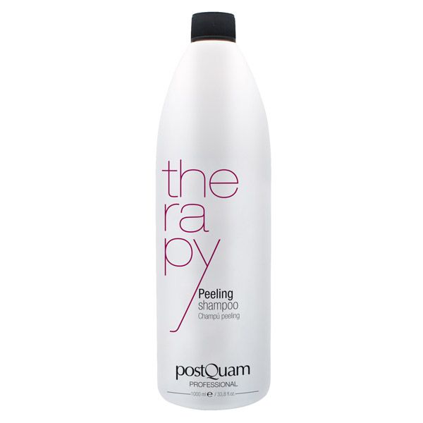 Weiße Flasche mit schwarzem Deckel. Aufschrift "therapy" und "Peeling shampoo". Marke: Postquam Professional.