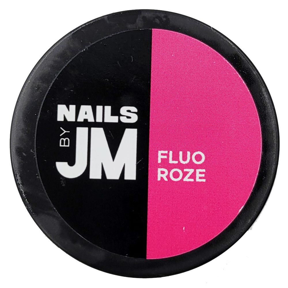 Runder Behälter, geteilt in Schwarz und Pink. Auf Schwarz steht "NAILS BY JM". Auf Pink steht "FLUO ROZE".