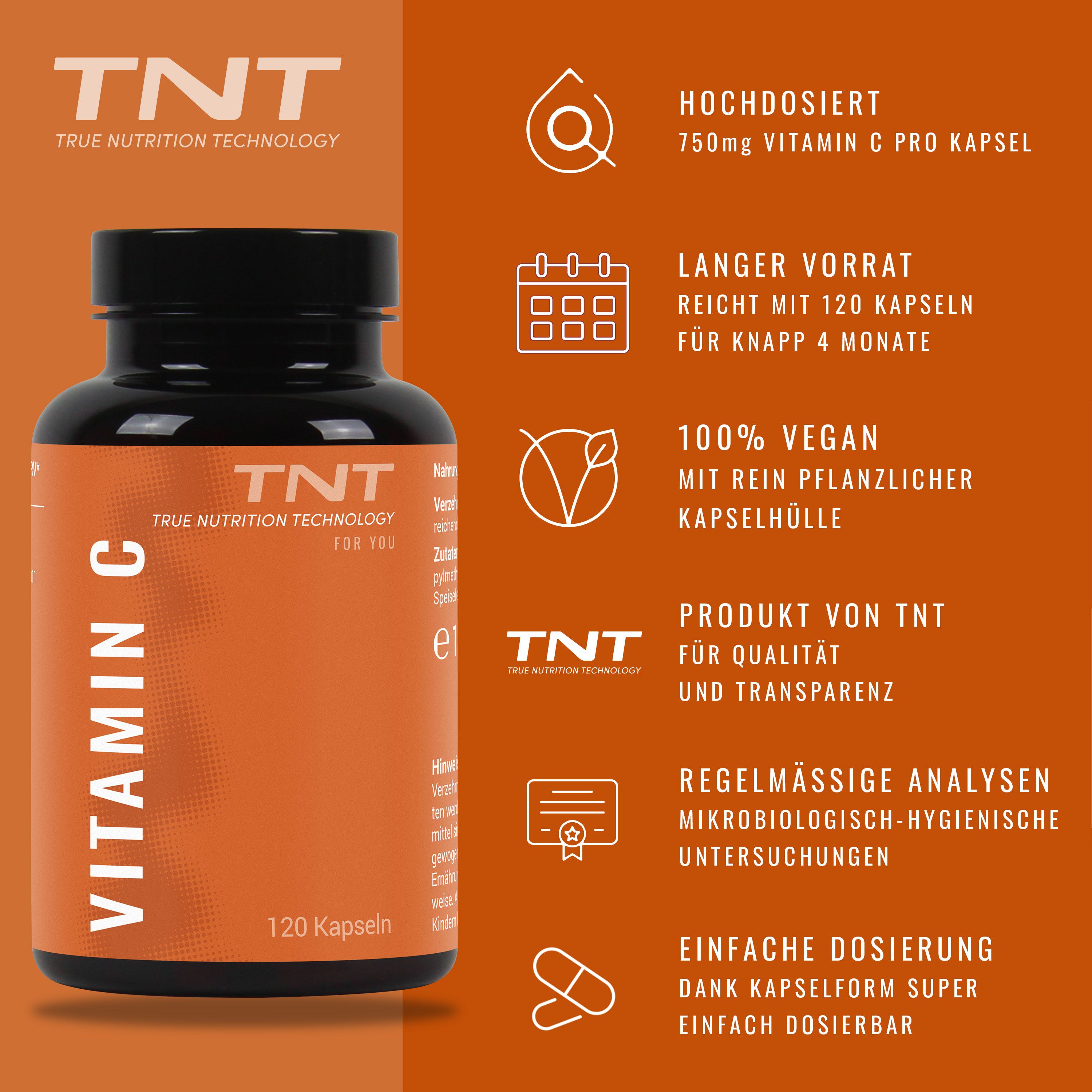 TNT Vitamin C-Flasche mit orangefarbenem Etikett. Text: "Vitamin C", "120 Kapseln". Infografiken: vegan, 120 Kapseln, 750mg Vitamin C.