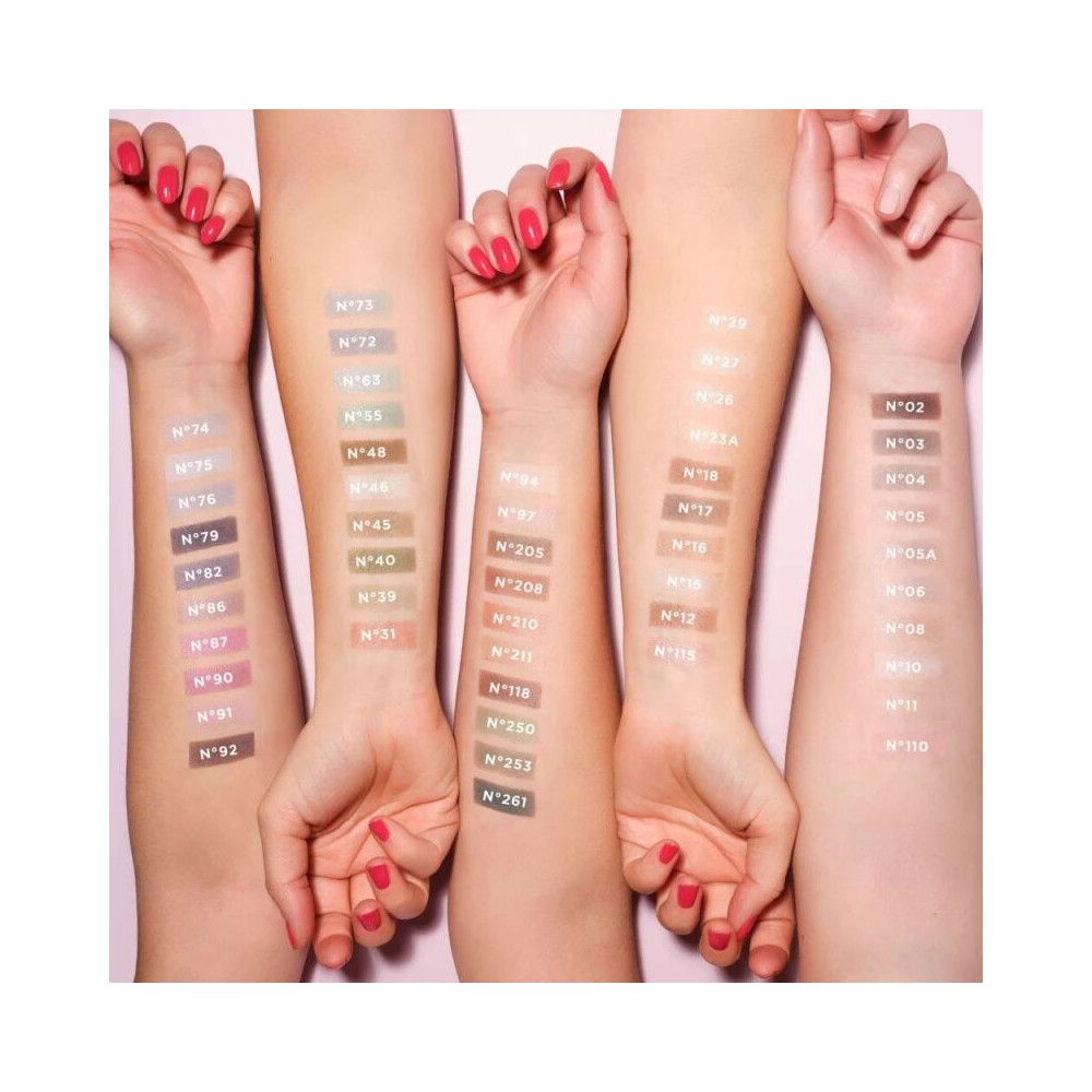 Arme mit verschiedenen Artdeco Lidschattenfarben. Auf den Armen sind Farbmuster mit Nummern aufgetragen.