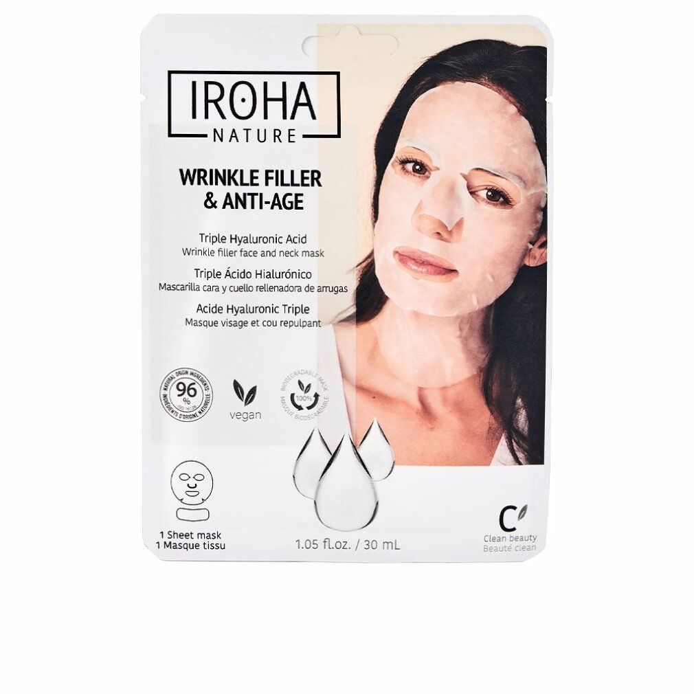 Gesichtsmaske mit Faltenfüller und Anti-Age-Effekt. Verpackung mit Frau, Maske auf dem Gesicht. Marke IROHA Nature.