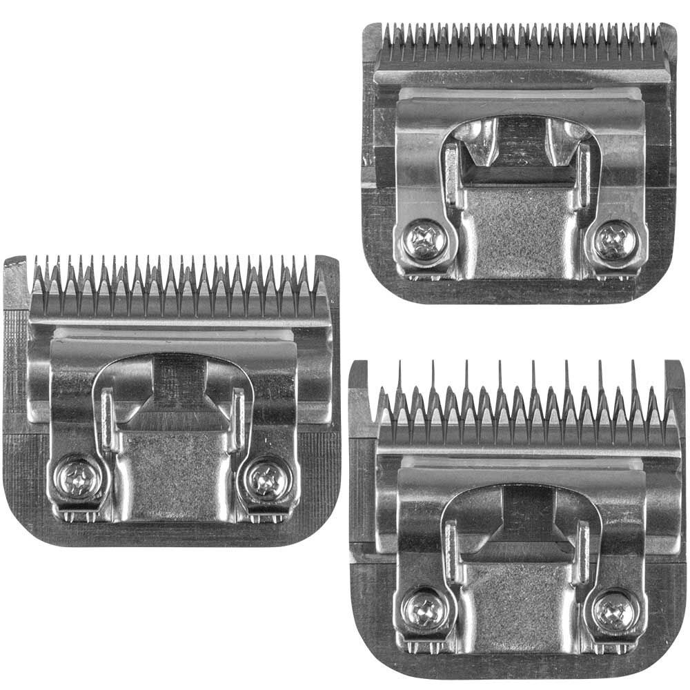 Drei Scherköpfe mit Halterung. Auf jedem steht THRIVE, Größe und Herkunftsland. Metall.