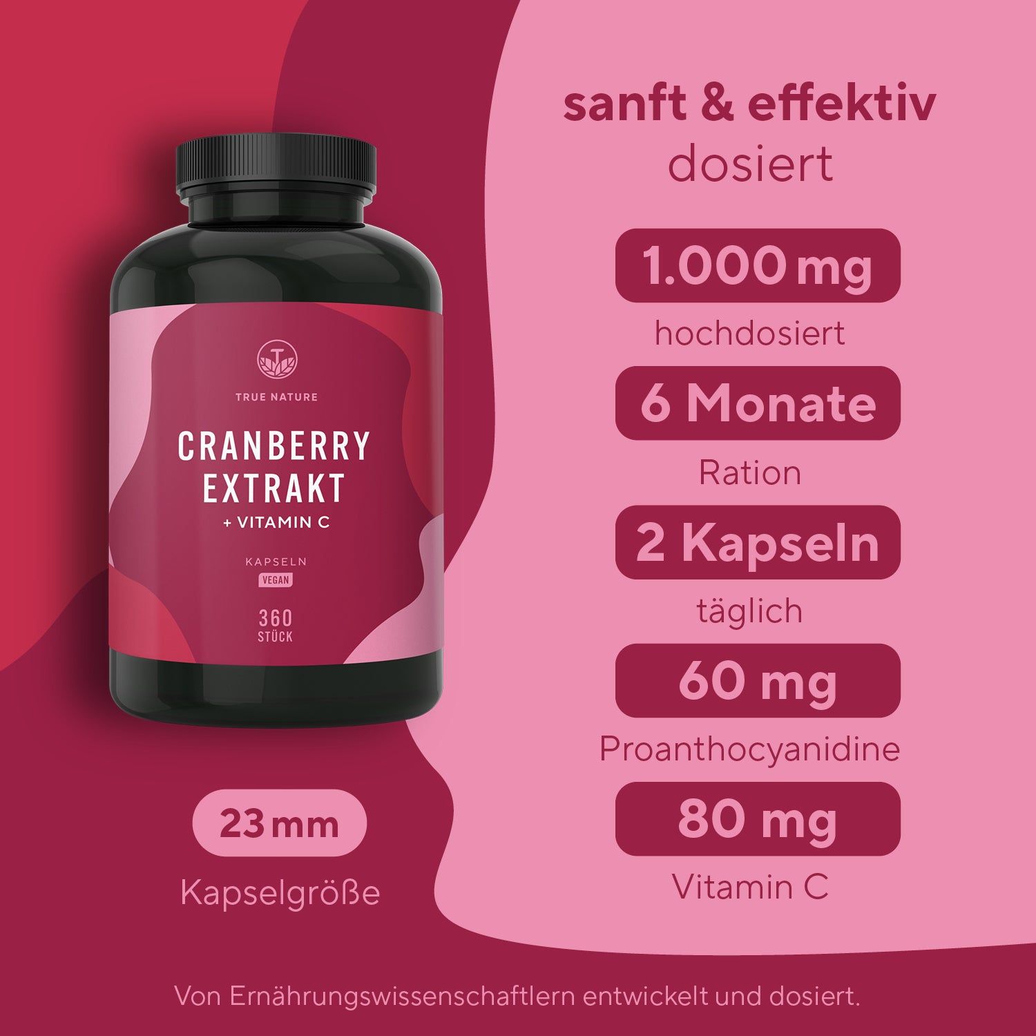 True Nature® Cranberry Extrakt Kapseln + Vitamin C 360 St