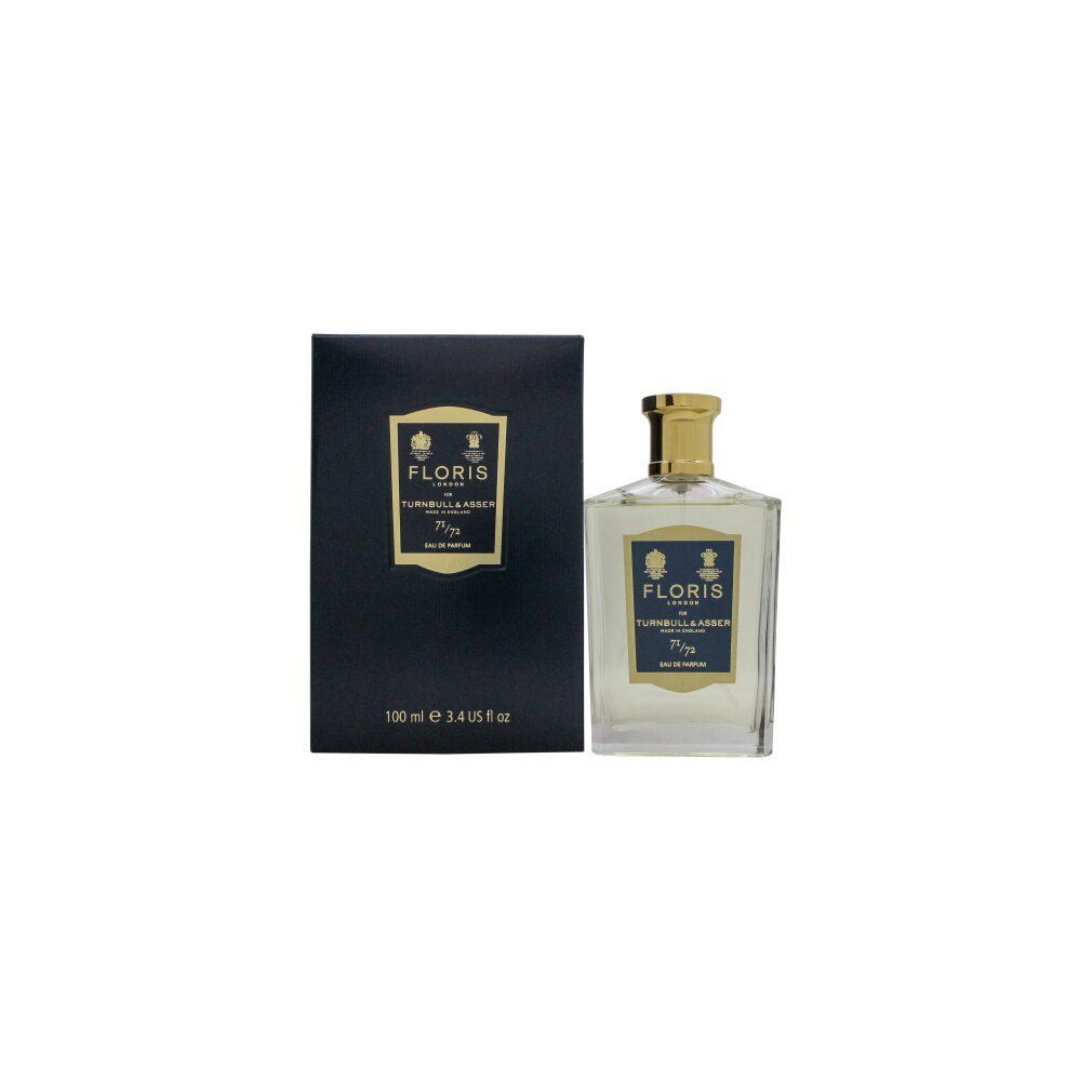 Parfümflasche und Schachtel. Auf der Flasche: FLORIS LONDON, TURNBULL & ASSER, 71/72, Eau de Parfum. Auf der Schachtel: 100 ml, 3.4 US fl oz.