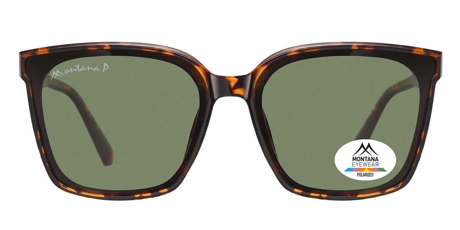 Sonnenbrille mit braunem Rahmen und grünen Gläsern. Auf einem Glas ist ein Logo mit der Aufschrift "MONTANA EYEWEAR POLARIZED" zu sehen.
