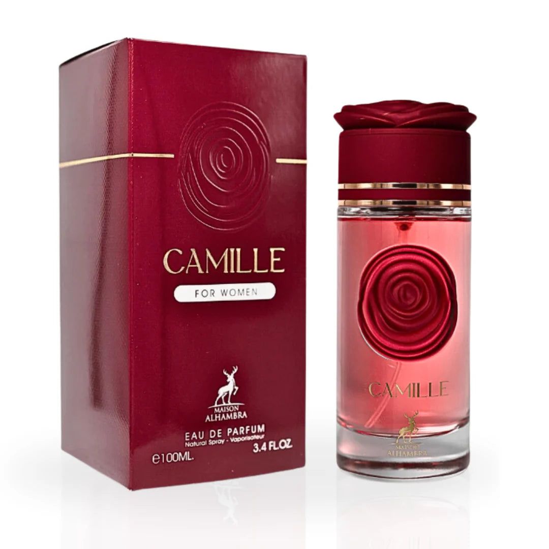 Roter Flakon und Verpackung. Aufschrift: "CAMILLE FOR WOMEN". Flakon mit rotem Deckel. Aufschrift: "Alhambra".