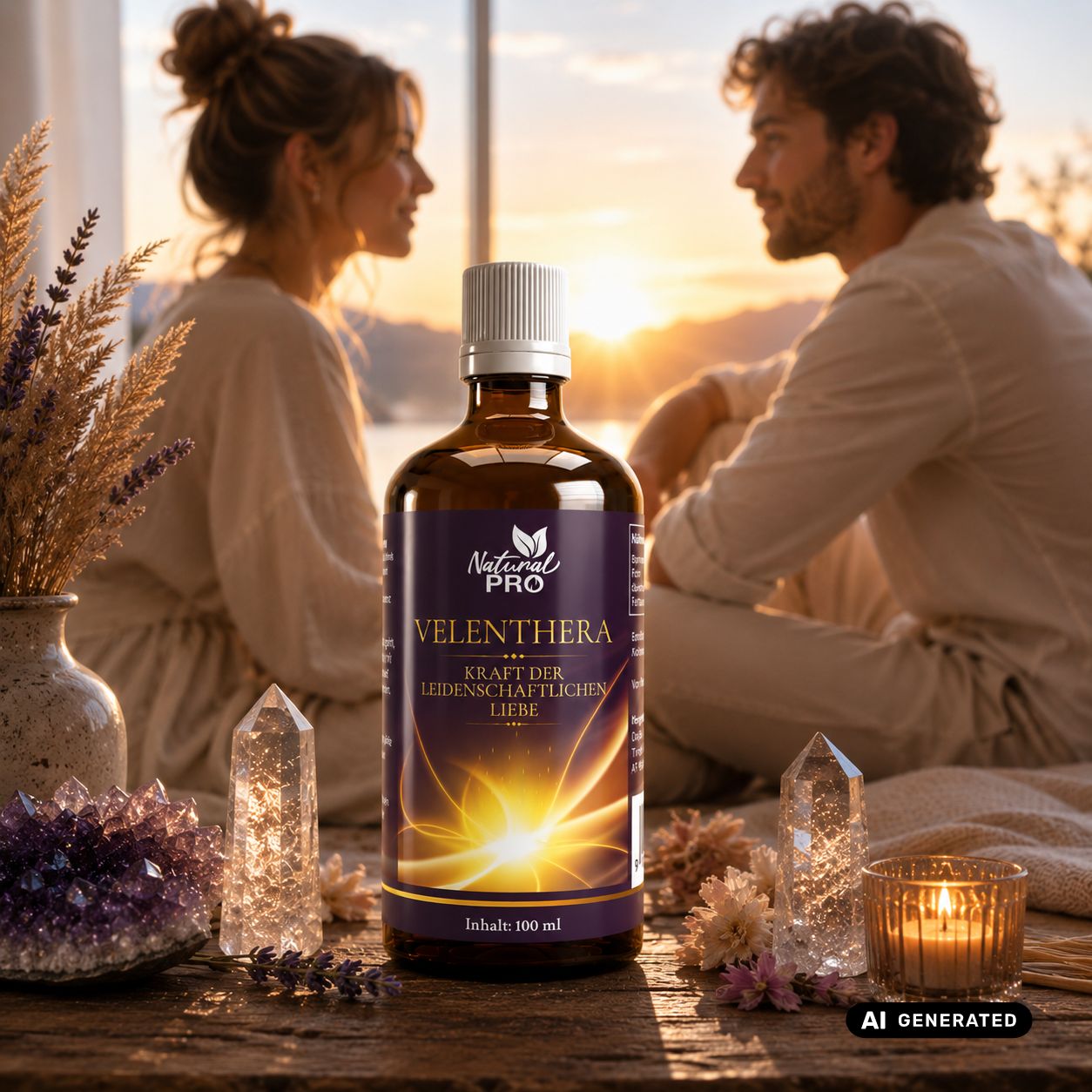 Braune Glasflasche mit weißem Schraubverschluss, gefüllt mit goldener Flüssigkeit. Das Etikett zeigt den Produktnamen und die Aufschrift "Kraft der leidenschaftlichen Liebe".