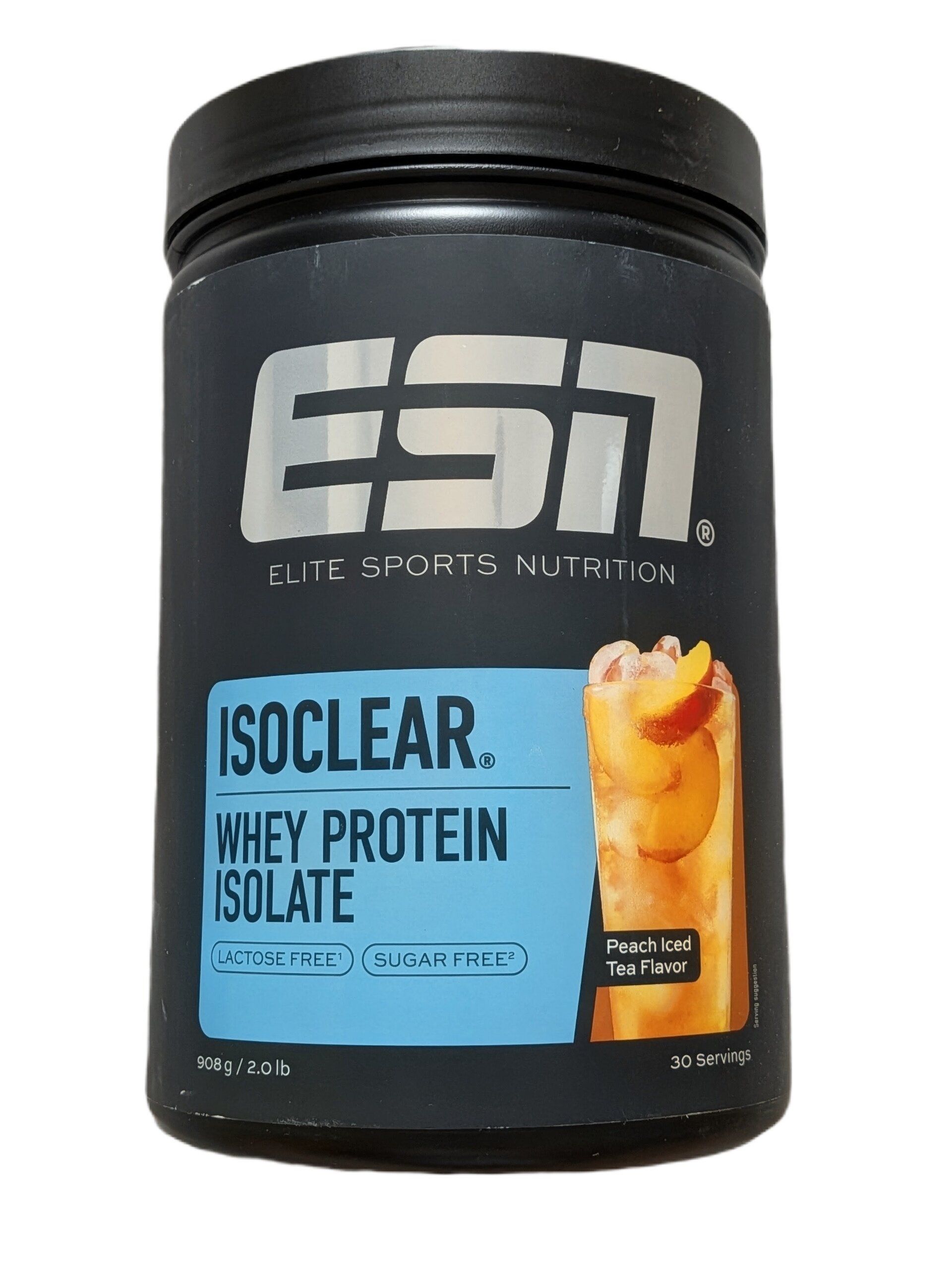 ESN ISOCLEAR Whey Isolate in Pfirsich Eistee Geschmack. Laktosefrei, zuckerfrei. 908g Dose.
