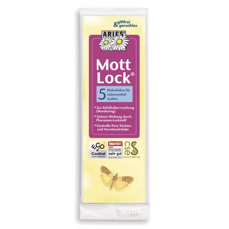 Verpackung mit Aufschrift "Mott Lock 5". Enthält Klebefallen für Lebensmittelmotten. Mit Öko-Test Siegel.