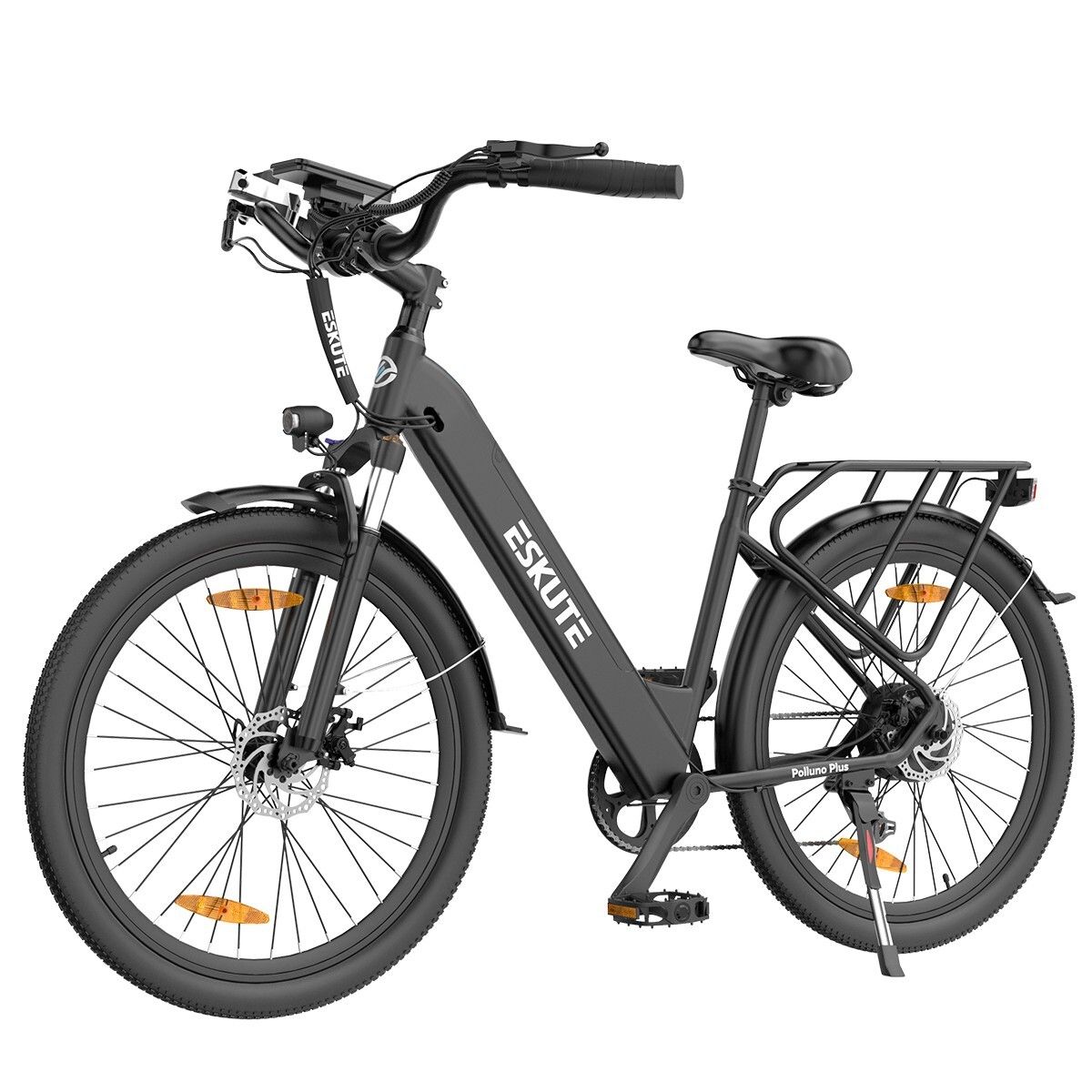 Schwarzes ESKUTE Polluno Plus E-Bike. Gepäckträger, Schutzbleche, Scheinwerfer. 36V 20Ah Batterie.