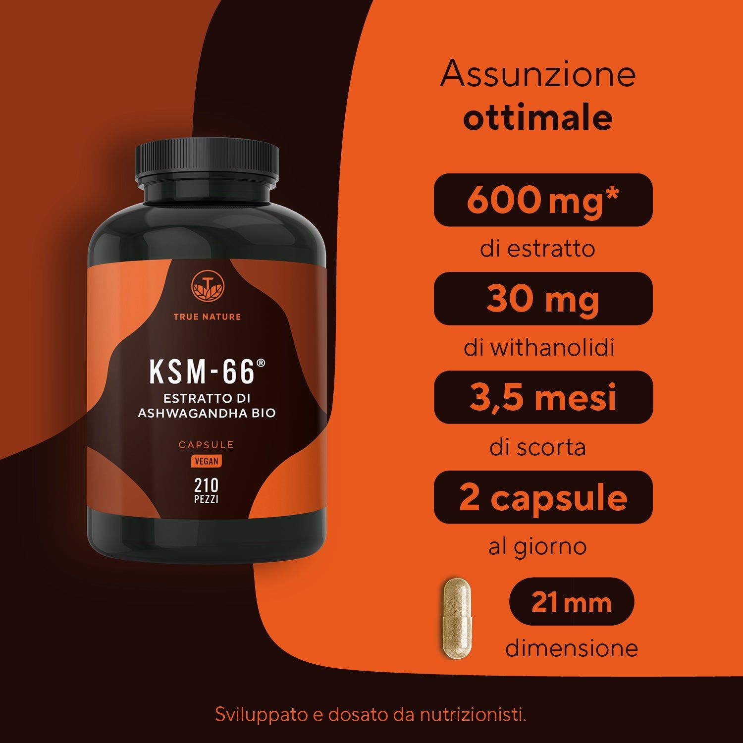 Informazioni sul prodotto. Flacone con capsule. 600 mg di estratto, 30 mg di withanolidi, 3,5 mesi di scorta, 2 capsule al giorno.