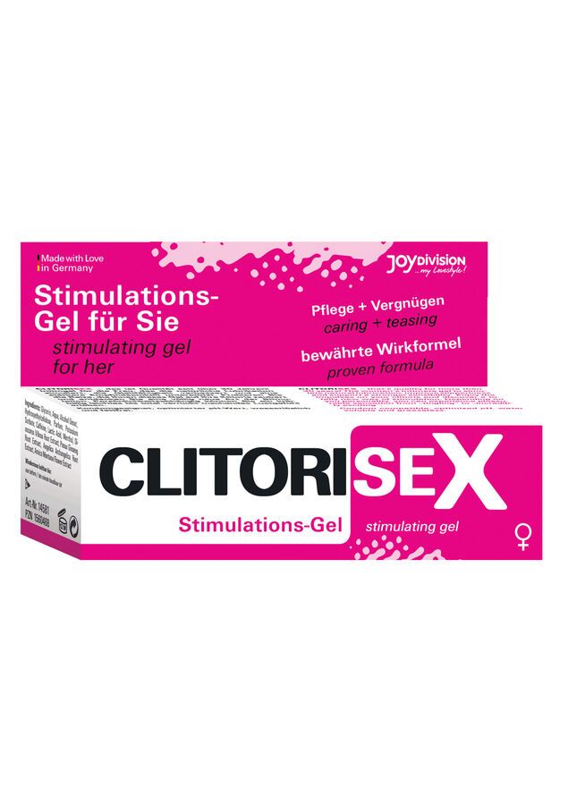 Produktverpackung mit Faltschachtel. Schriftzug: CLITORISEX. Zusatz: Stimulations-Gel. Qualität seit über 30 Jahren.