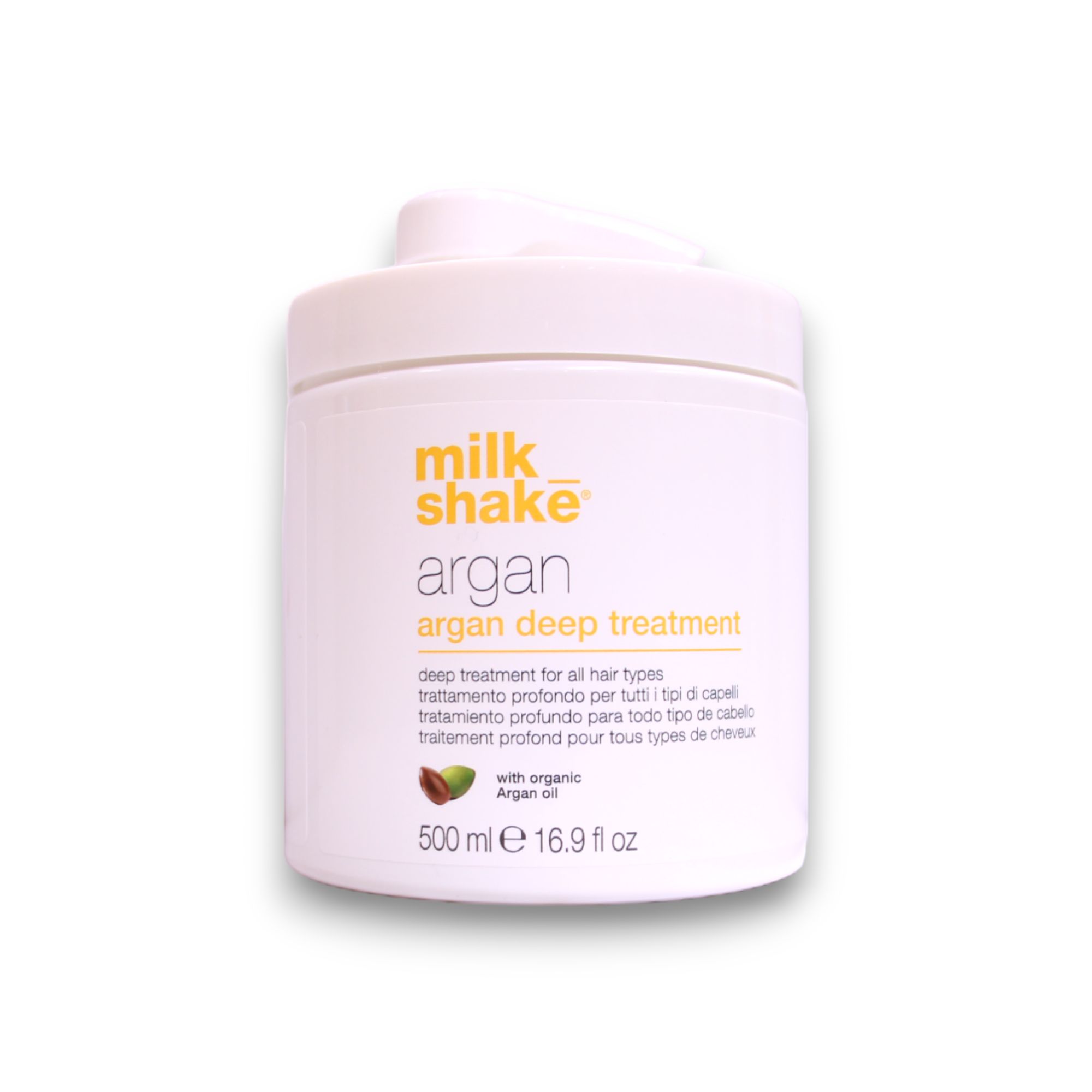 Weiße Dose mit Milk Shake Argan Tiefenpflege, 500 ml.