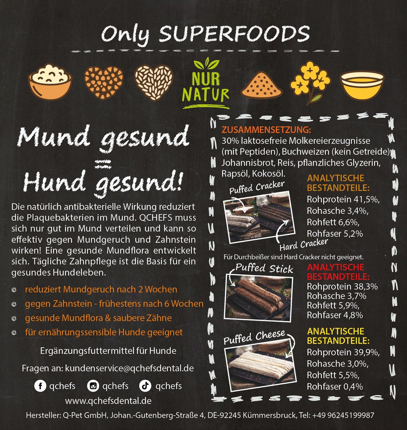 Infografik mit Produktinformationen. Enthält Text über QCHEFS Glücklichmacher, Inhaltsstoffe, analytische Bestandteile und Produktbilder.