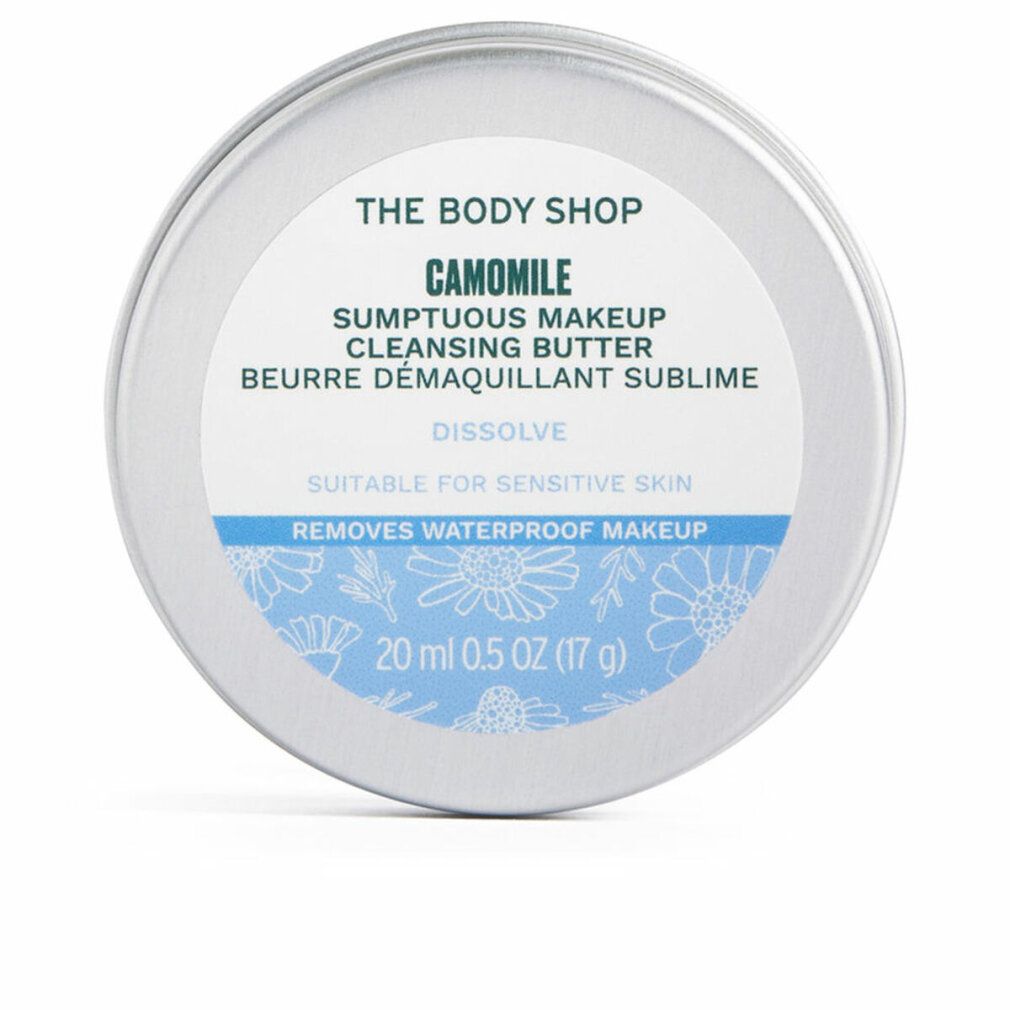 Runde, silberfarbene Dose mit weißem Etikett. Text: The Body Shop, Camomile, Sumptuous Makeup Cleansing Butter, Beurre Demaquillant Sublime. 20 ml.