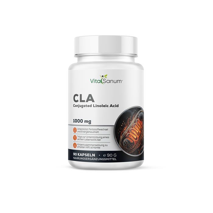 Weiße Flasche VitaSanum CLA. Aufschrift CLA, 1000 mg, 90 Kapseln. Abbildung einer Zelle.