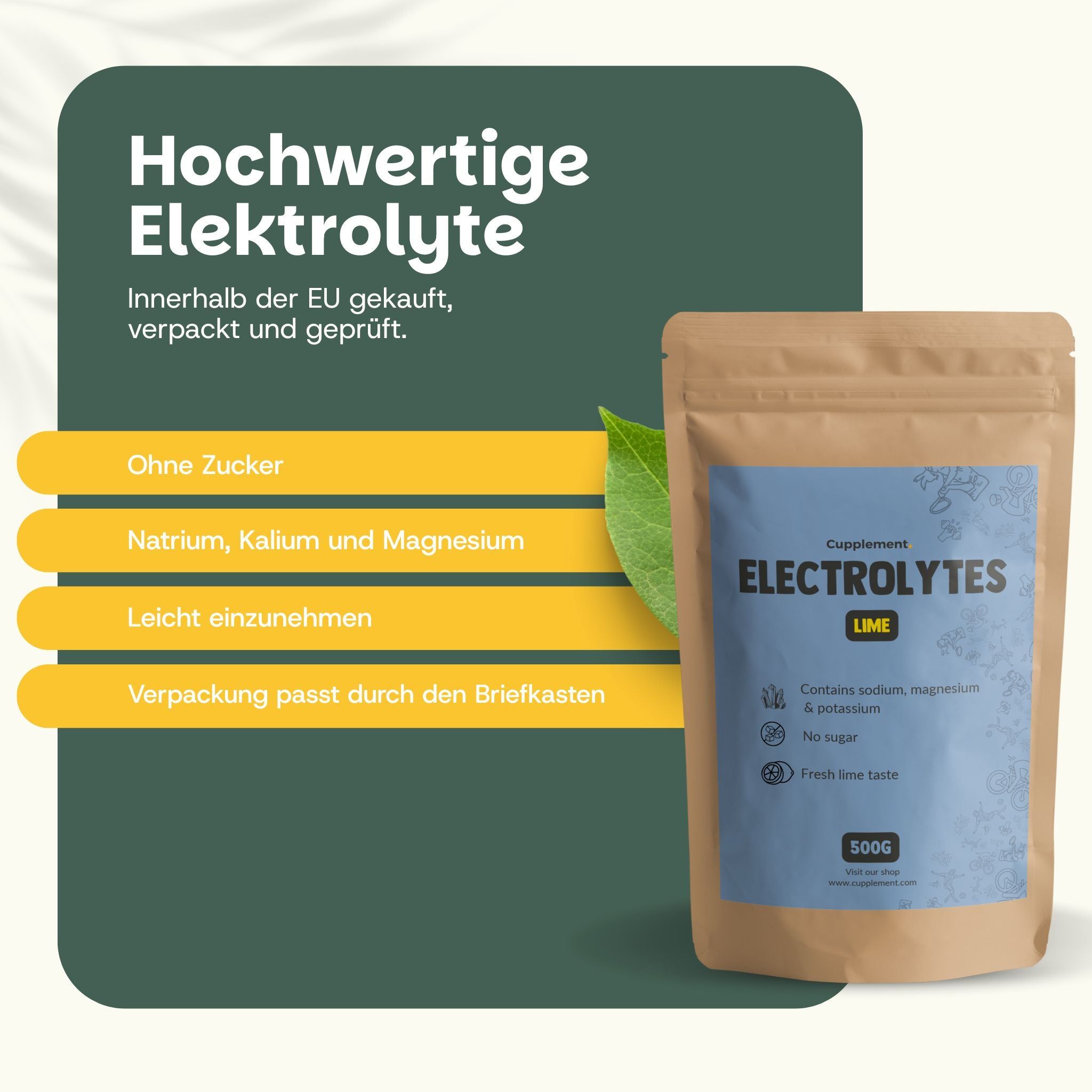 Beutel Cupplement Elektrolyte. Aufschrift: Elektrolyte, Limette, 500g. Kundenbewertung 4.7/5. Drei Kundenkommentare.