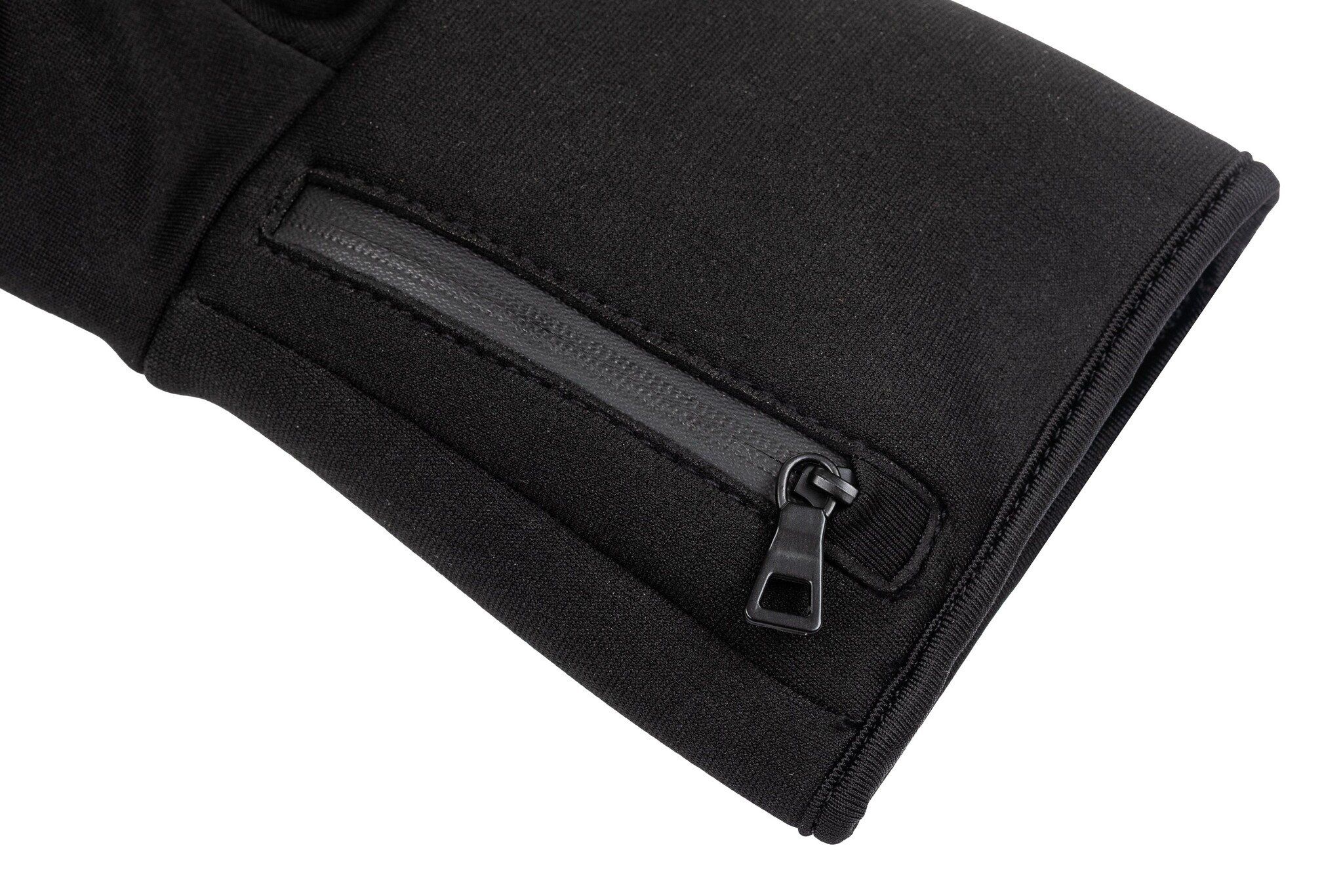 Nahaufnahme des Handgelenks eines schwarzen Handschuhs. Reißverschluss am Handgelenk.