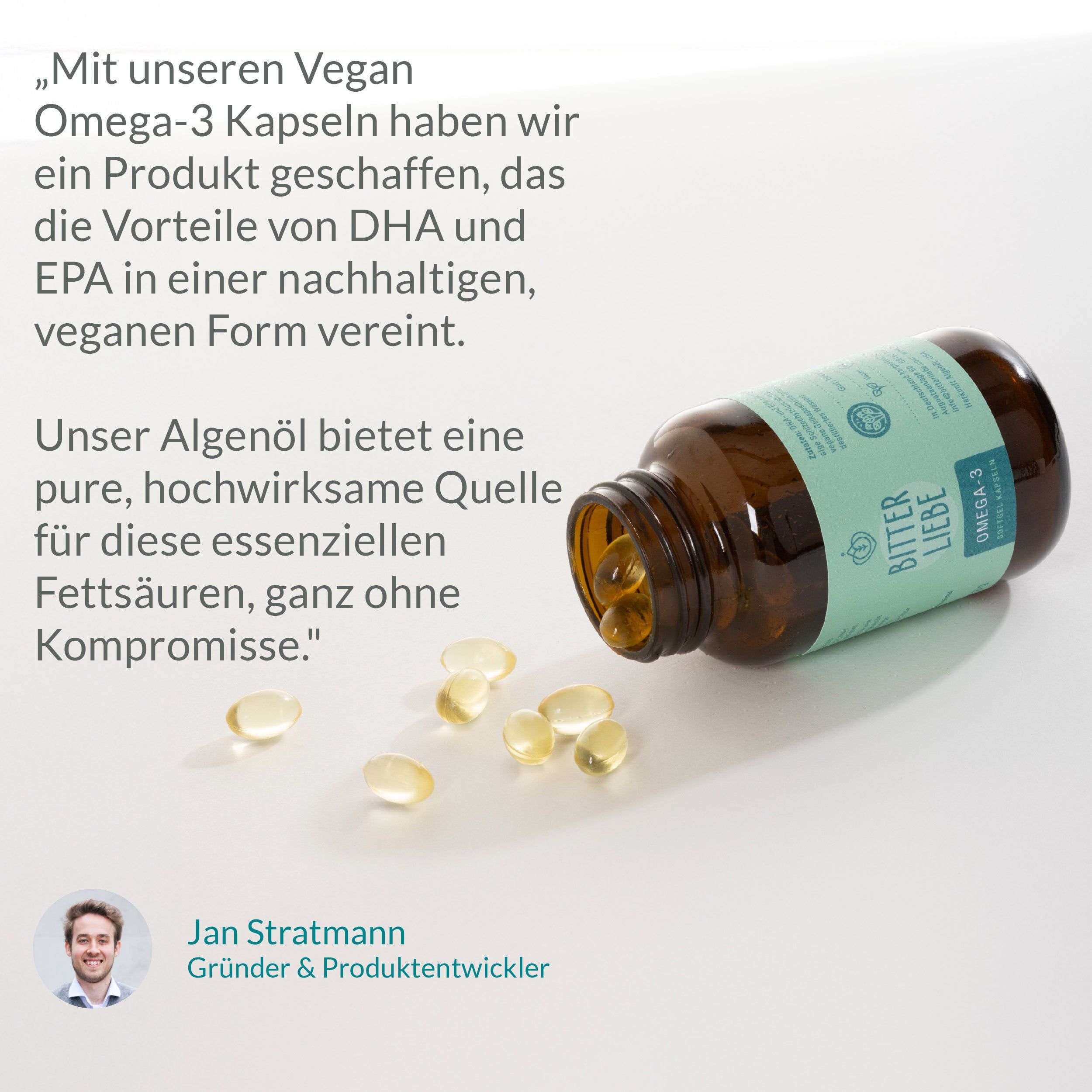 BitterLiebe - Omega-3 Kapseln vegan und hochdosiert - aus pflanzlichen Algenöl - Omega-3-Fettsäuren
