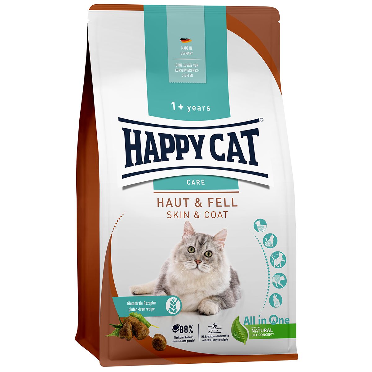Happy Cat Haut & Fell Trockenfutter für Katzen ab 1 Jahr, mit Bild einer Katze.