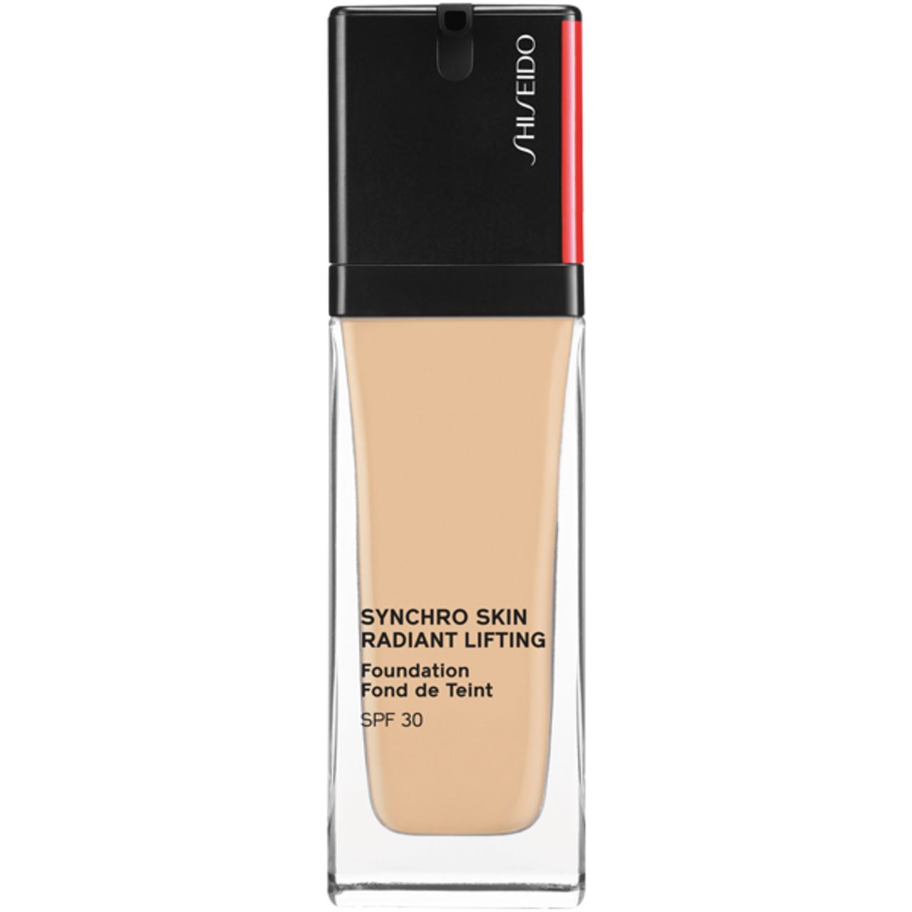 Shiseido Synchro Skin Radiant Lifting Foundation. Flasche mit beiger Foundation. Schwarzer Deckel mit rotem Akzent. SPF 30.