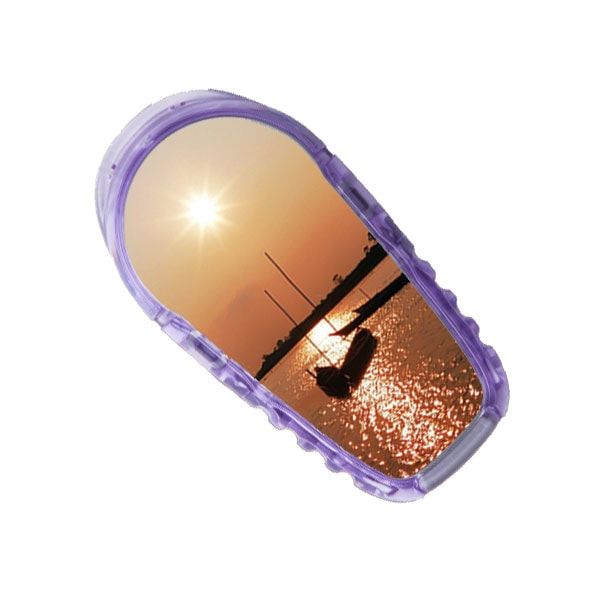 Ein Aufkleber mit einem Bootsmotiv. Ovale Form mit lila Rahmen.