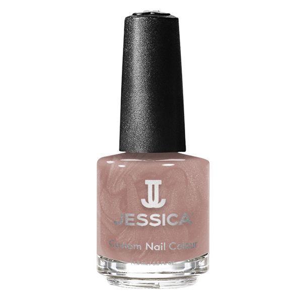 Nagellackflasche mit schwarzem Deckel. Aufschrift: JESSICA Custom Nail Colour. Farbe: Rosa-Beige.