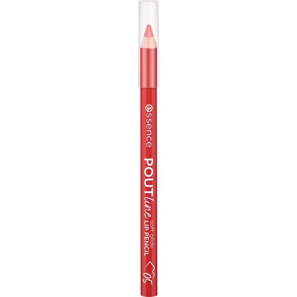 Roter Lippenkonturenstift mit transparenter Kappe. Aufschrift: Essence, Poutline Soft Glide Lip Pencil, 05. Spitze und Stiftende sind rot.