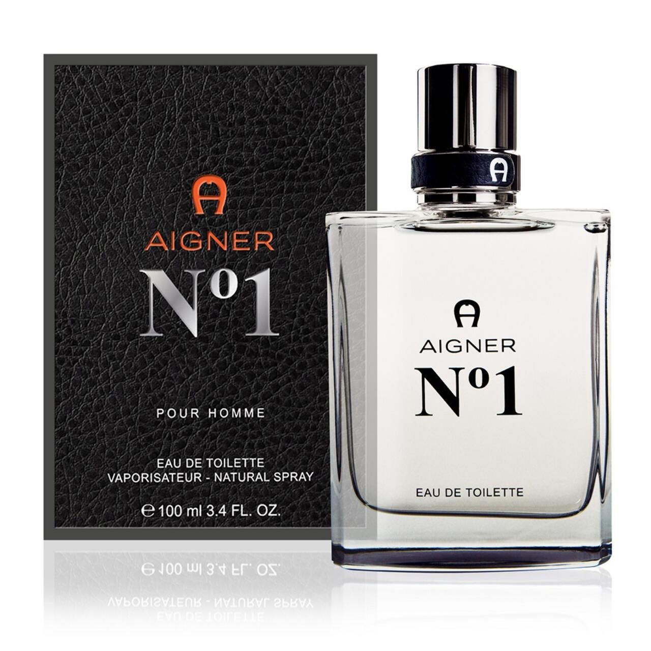 Glasflakon mit schwarzem Deckel und schwarzer Verpackung. Aufschrift: AIGNER N°1, Eau de Toilette. Verpackung mit Lederstruktur.