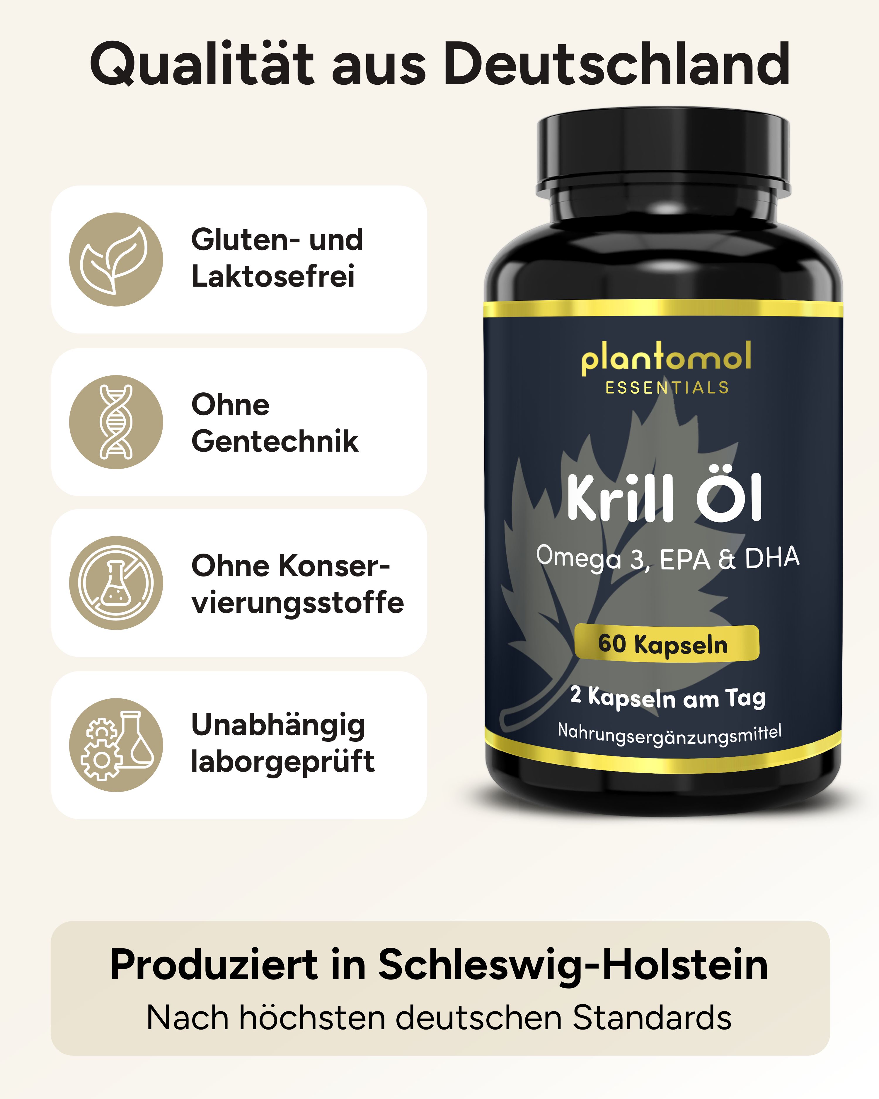 Schwarze Flasche plantomol® Essentials Krill Öl. 60 Kapseln. Gluten- und laktosefrei. Ohne Gentechnik. Ohne Konservierungsstoffe. Laborgeprüft.