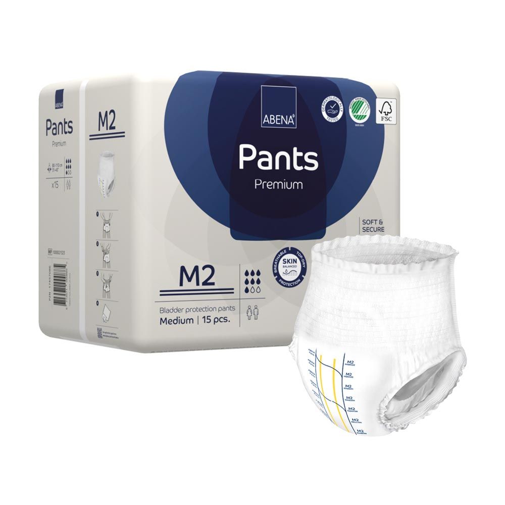 Abena Pants Premium M2. Weiße Inkontinenzhose und Packung. Packung mit Logo, Zertifizierungen und Produktinformationen. Einzelne Hose daneben.