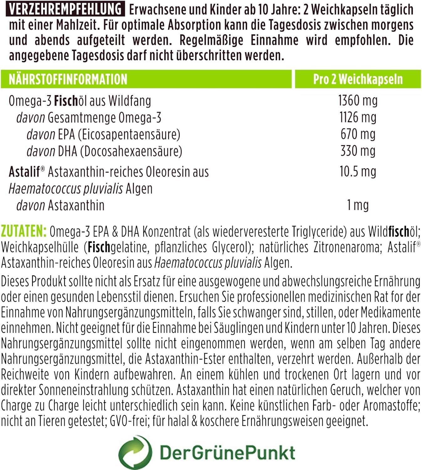 Deutsche Nährwertangaben und Inhaltsstoffe von Igennus Omega-3, mit Der Grüne Punkt Logo.