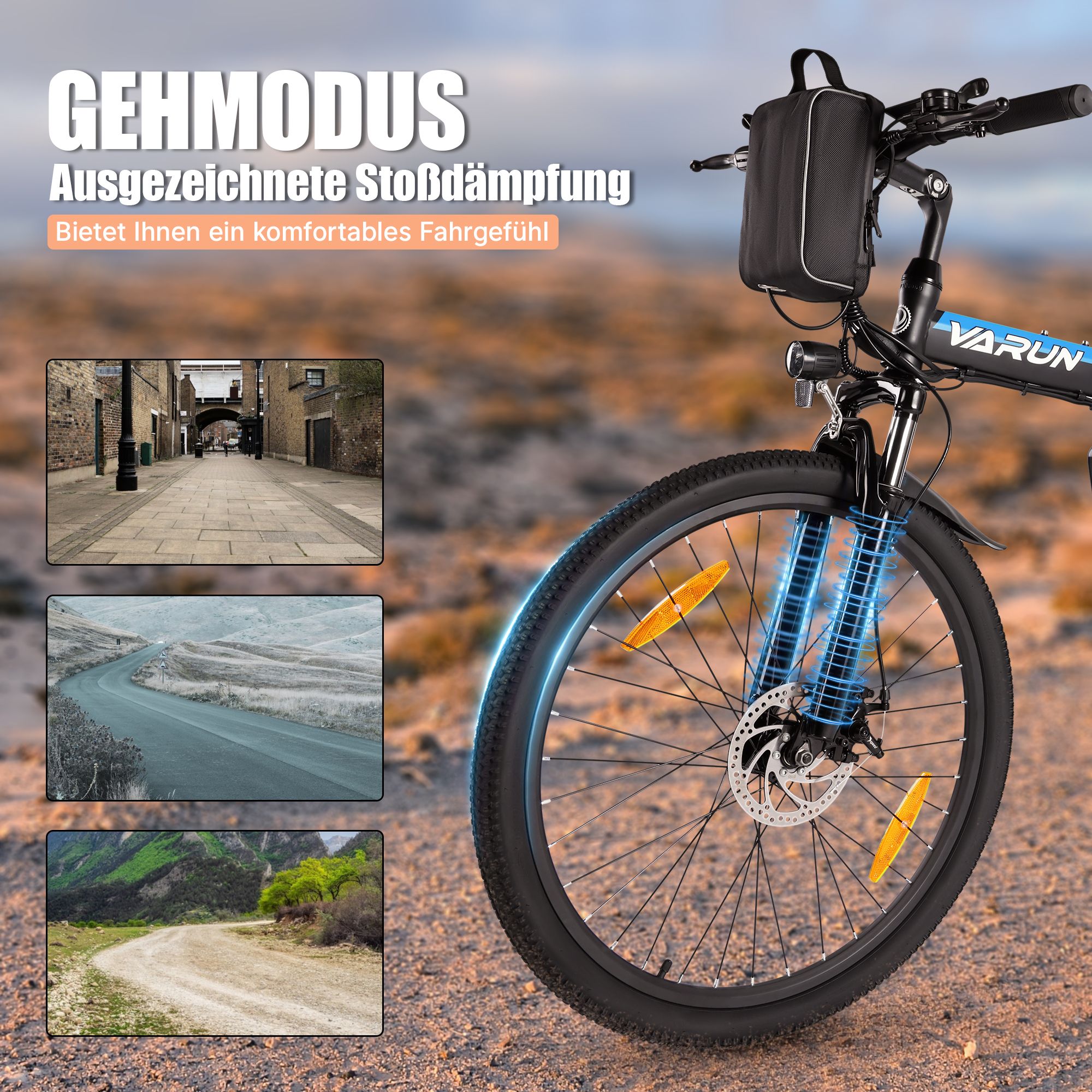 E-Bike mit Vorderradgabel. Gehmodus. Ausgezeichnete Stoßdämpfung. VARUN-Logo. Drei Landschaftsbilder im Hintergrund.