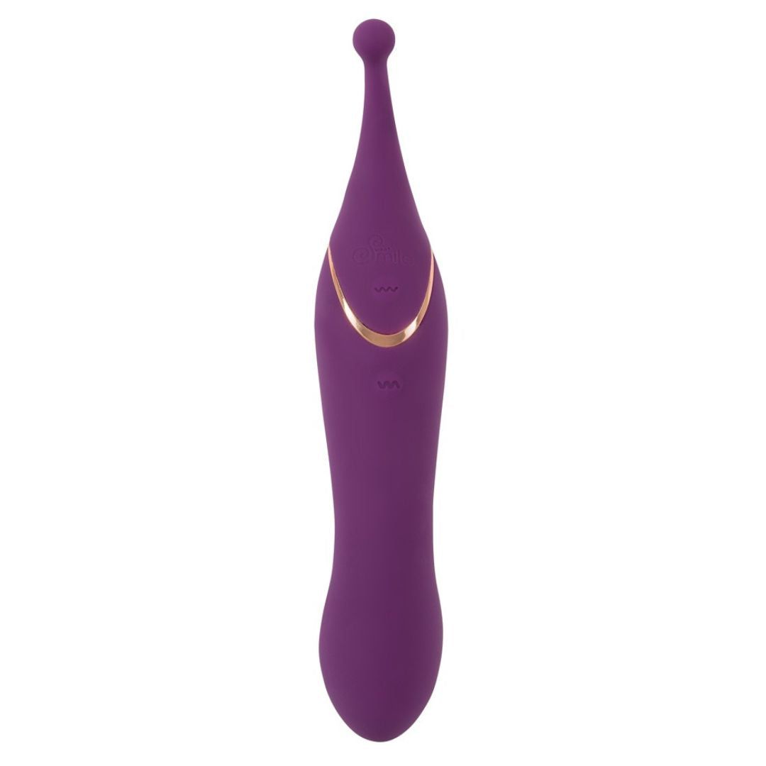 Lila Vibrator mit goldfarbenen Akzenten. Tropfenförmiger Kopf, geschwungener Schaft. Zwei Knöpfe.