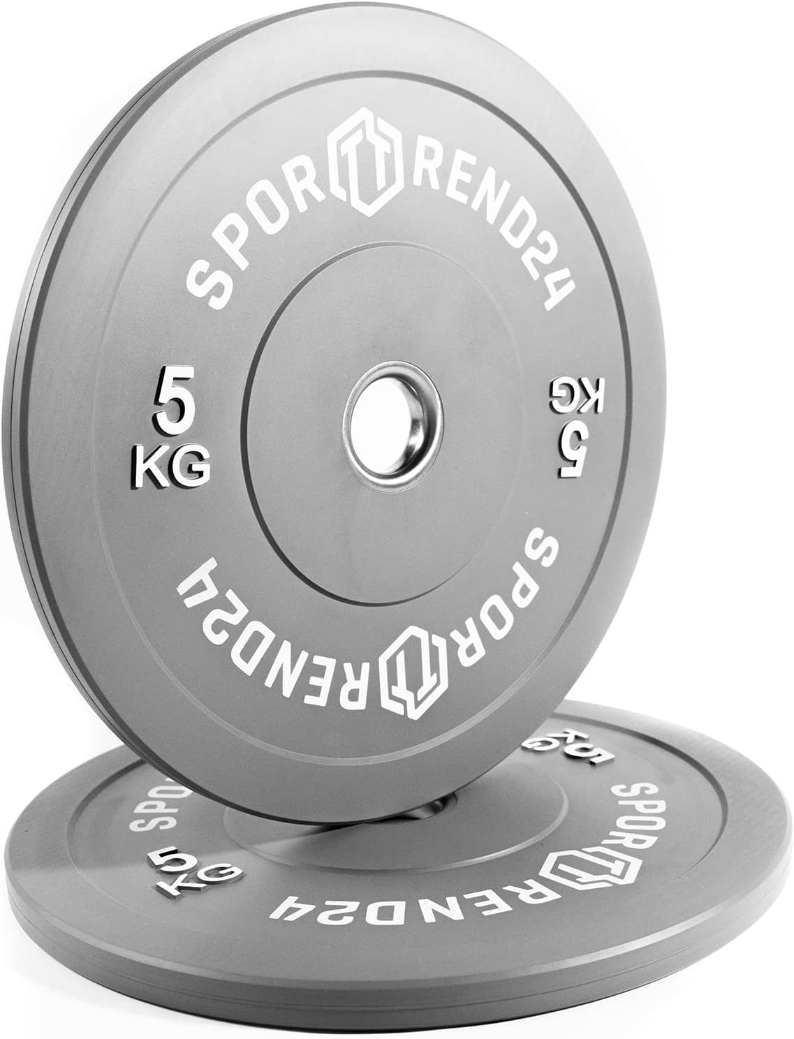 Zwei graue Sporttrend24 Bumper Plates. Gewicht: 5 kg. Weißer Schriftzug: Sporttrend24 und 5 KG. Runde Form.