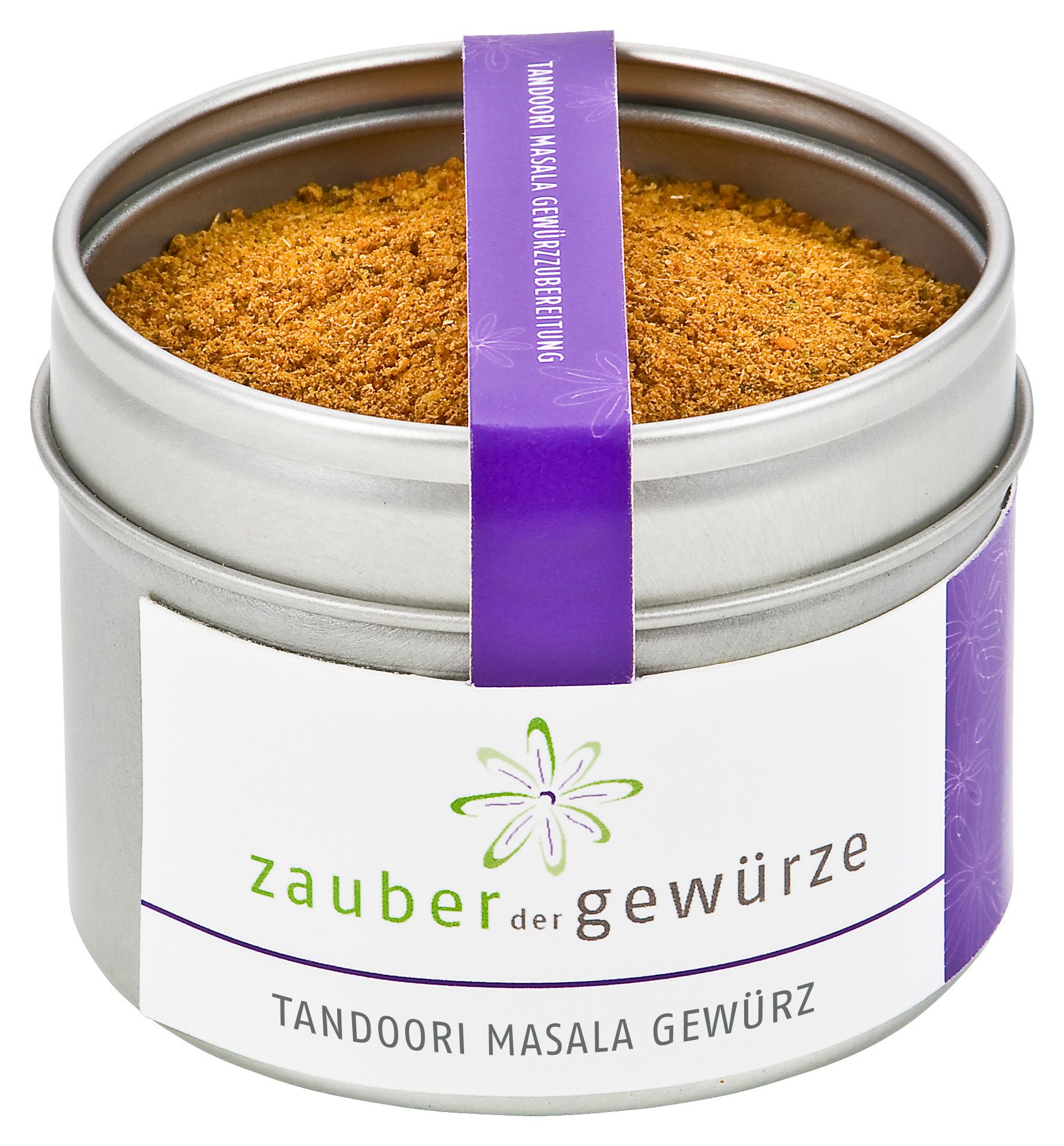 Runde Metallbox mit Zauber der Gewürze Tandoori Masala Gewürz. Lila Etikett mit Produktnamen. Offene Dose mit Gewürzmischung.