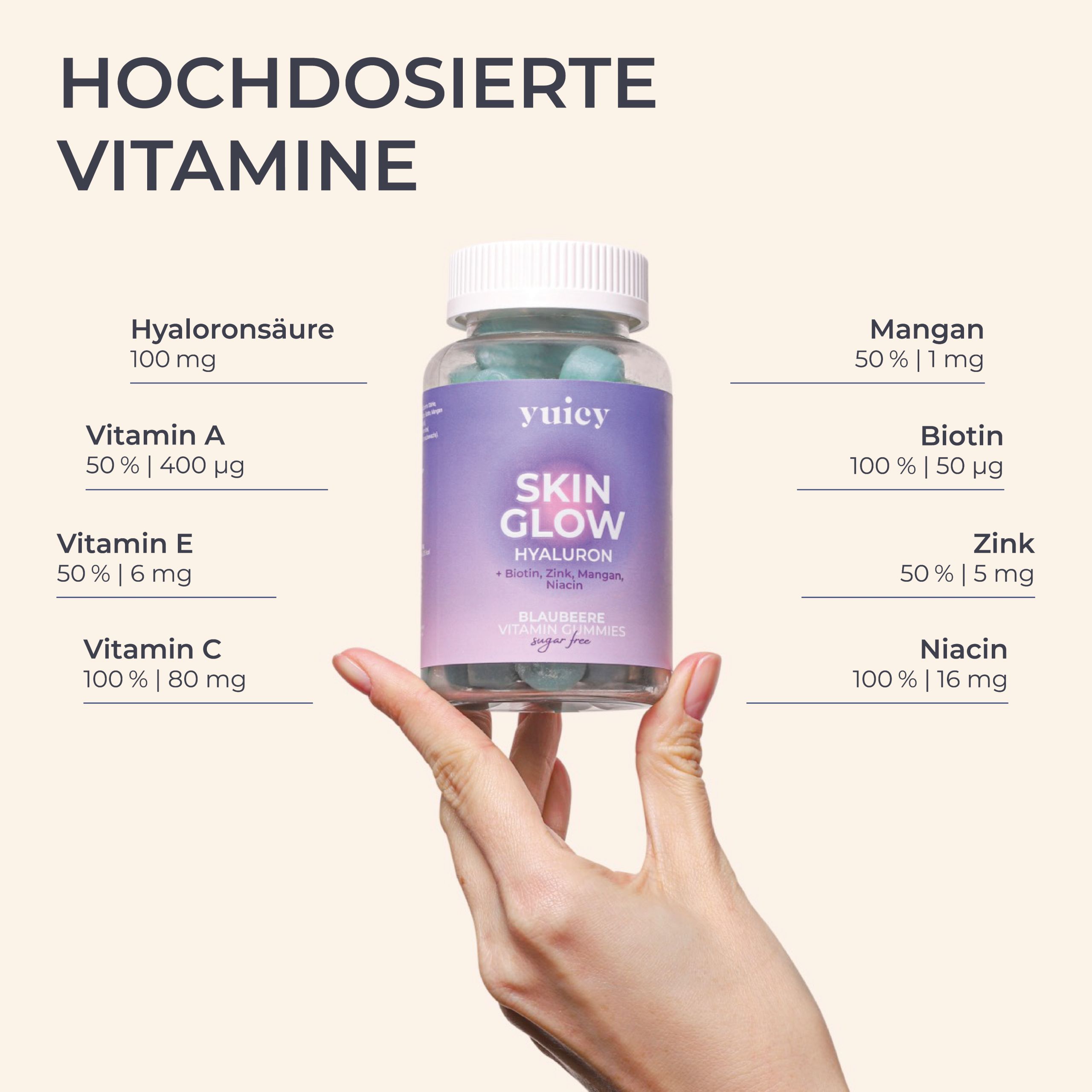 Hand hält eine Flasche Skin Glow Vitamin-Gummis. Aufschrift: Skin Glow, Hyaluron, Biotin, Zink, Mangan, Niacin. Nährwertangaben.